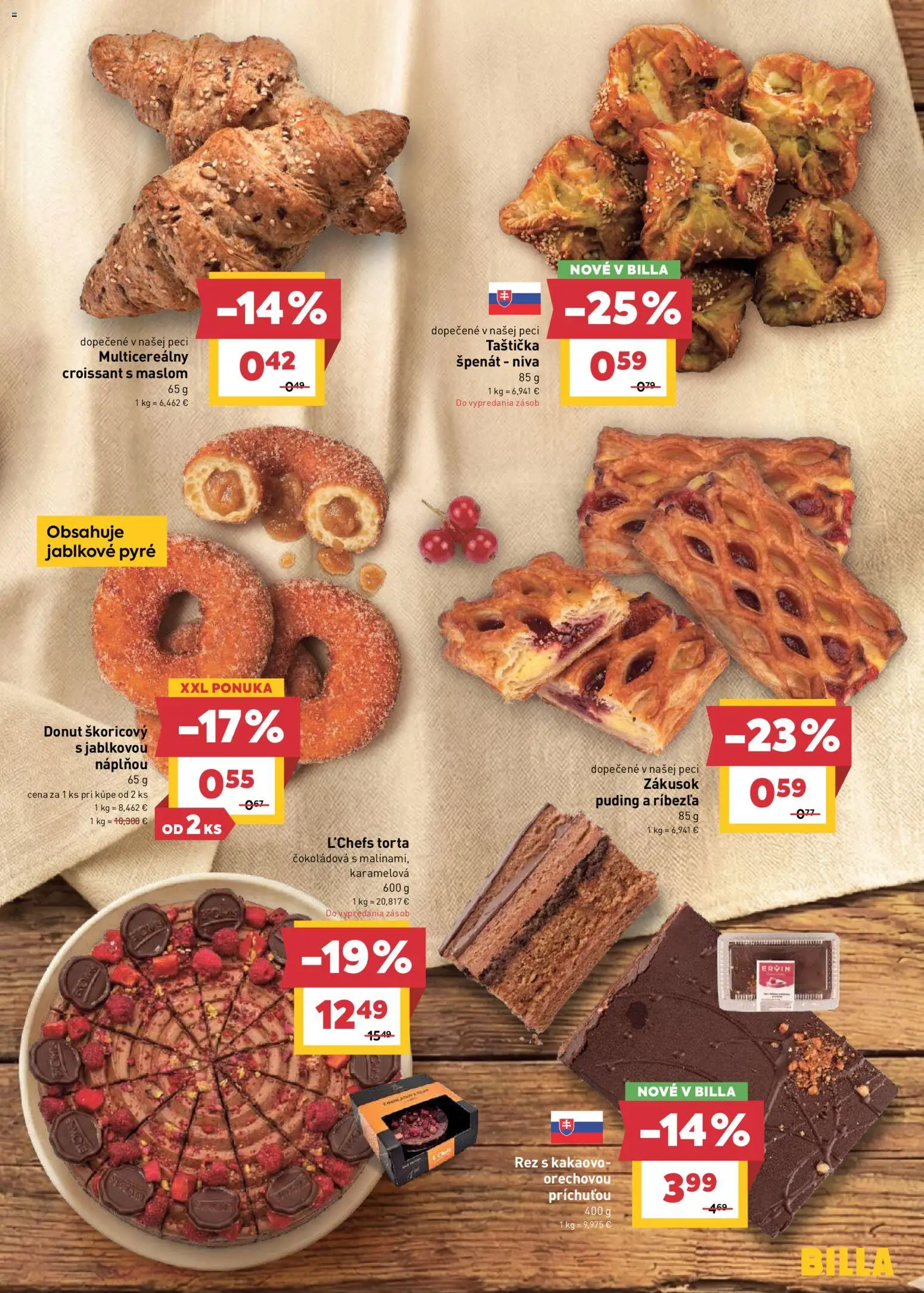 Nové Billa akcie – leták je platný od 15.04.2026 | Strana: 7 | Produkty: Donut, Croissant, Puding, Torta