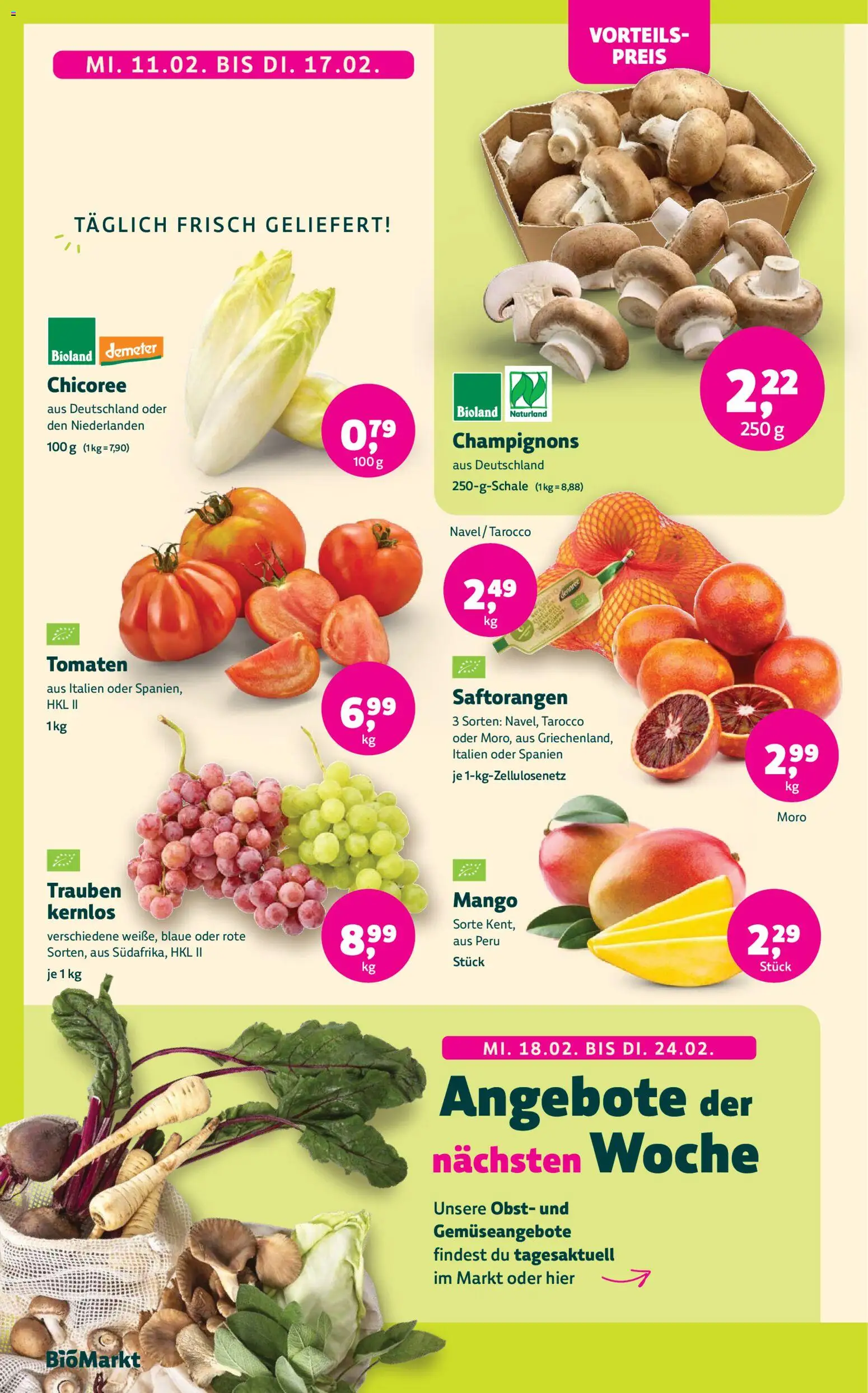 BioMarkt Prospekt – gültig ab 11.02.2026 | Seite: 6 | Produkte: Trauben, Tomaten, Champignons, Obst