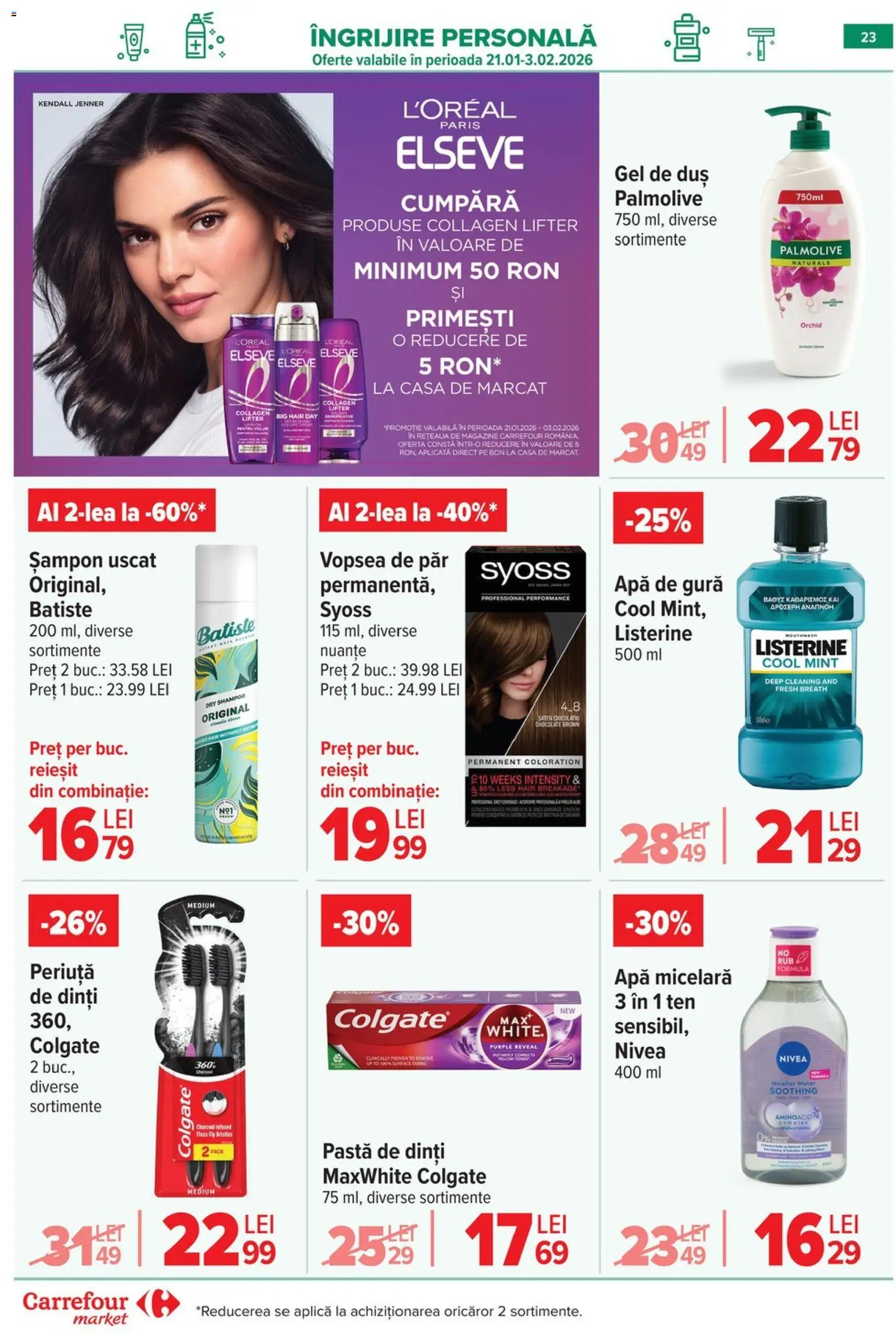Noul catalog Carrefour – valabil de la 28.01.2026 | Pagină: 23 | Produse: Apă micelară, Apă de gură, Apă, Vopsea de păr