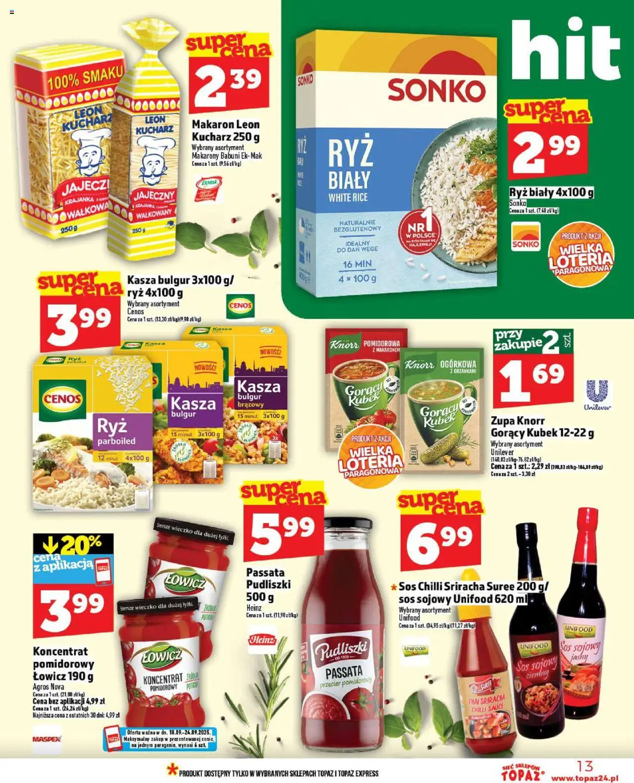Topaz Gazetka MAZ od 18.09.2025 | Strona: 13 | Produkty: Kasza, Przecier pomidorowy, Zupa, Sos