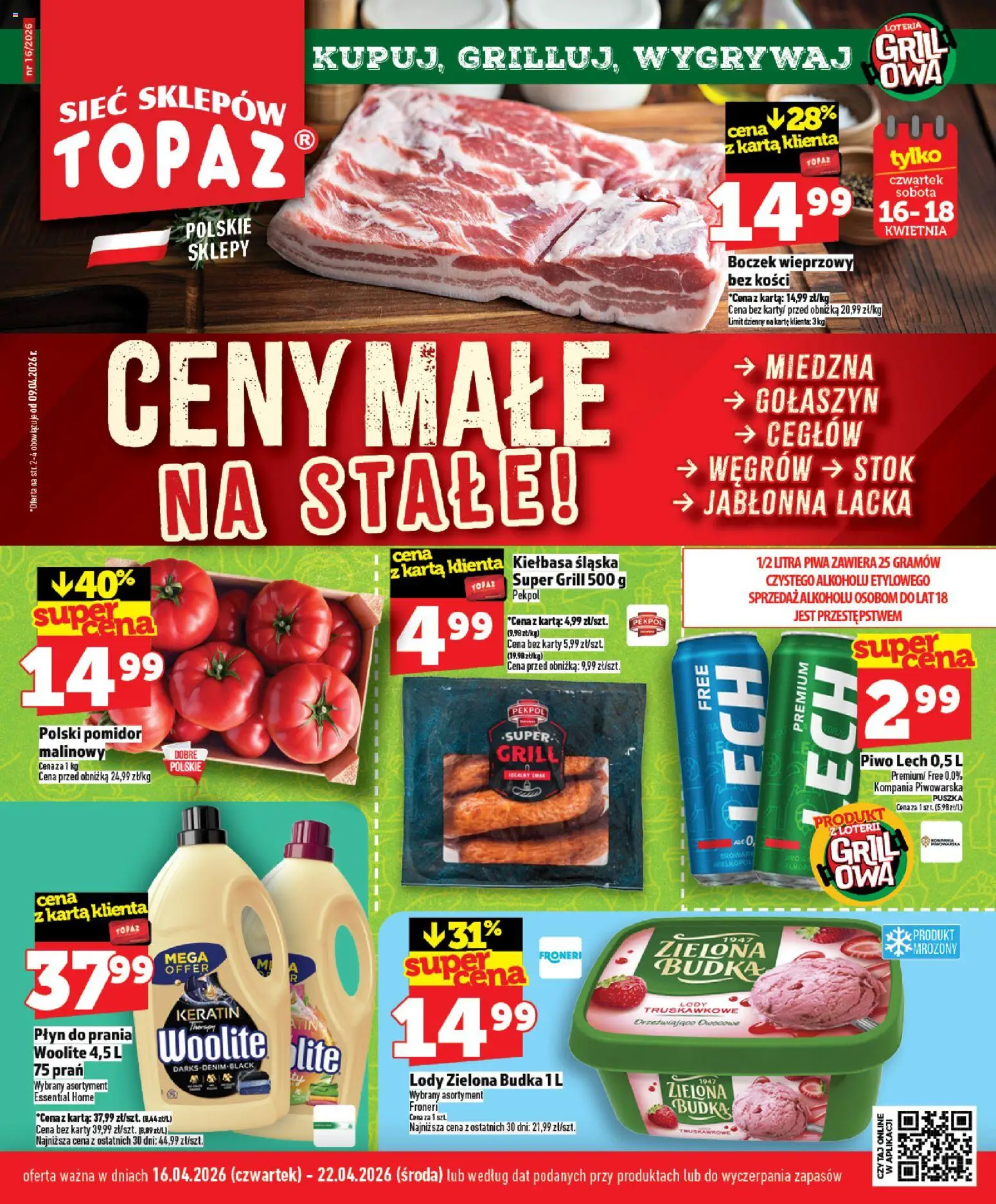 Topaz gazetka - Ceny małe na stałe od 16.04.2026 | Strona: 1 | Produkty: Kiełbasa, Grill, Kiełbasa śląska, Piwo