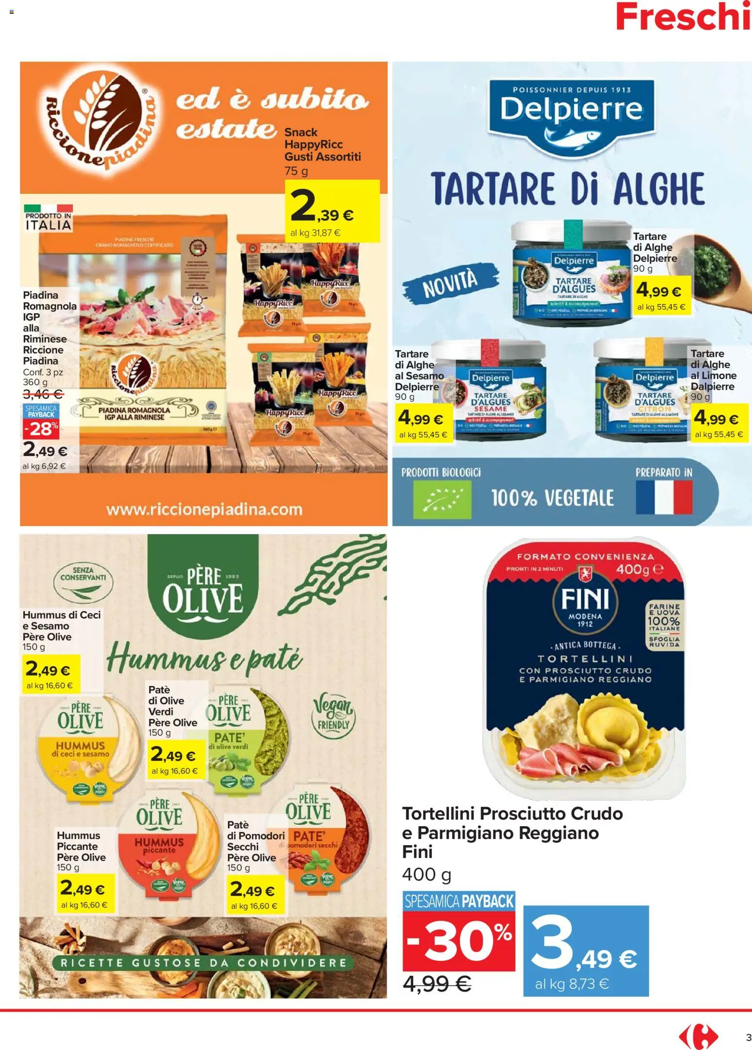 Volantino Carrefour del 27.11.2025 | Pagina: 3 | Prodotti: Prosciutto, Hummus, Parmigiano, Pomodori secchi