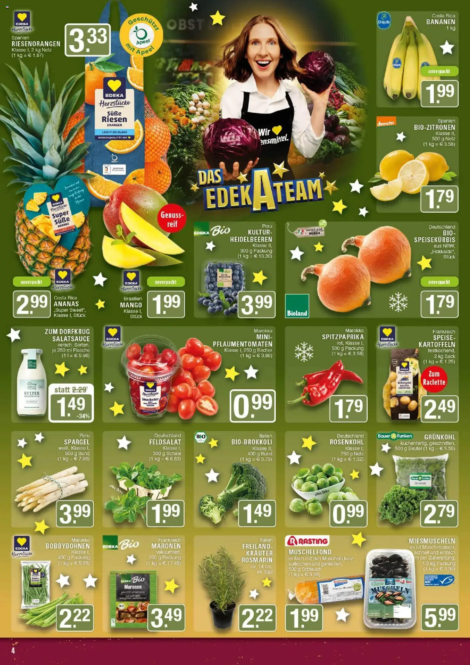 Edeka prospekt Marl	 – gültig ab 15.12.2025 | Seite: 4 | Produkte: Orangen, Heidelbeeren, Mango, Raclette