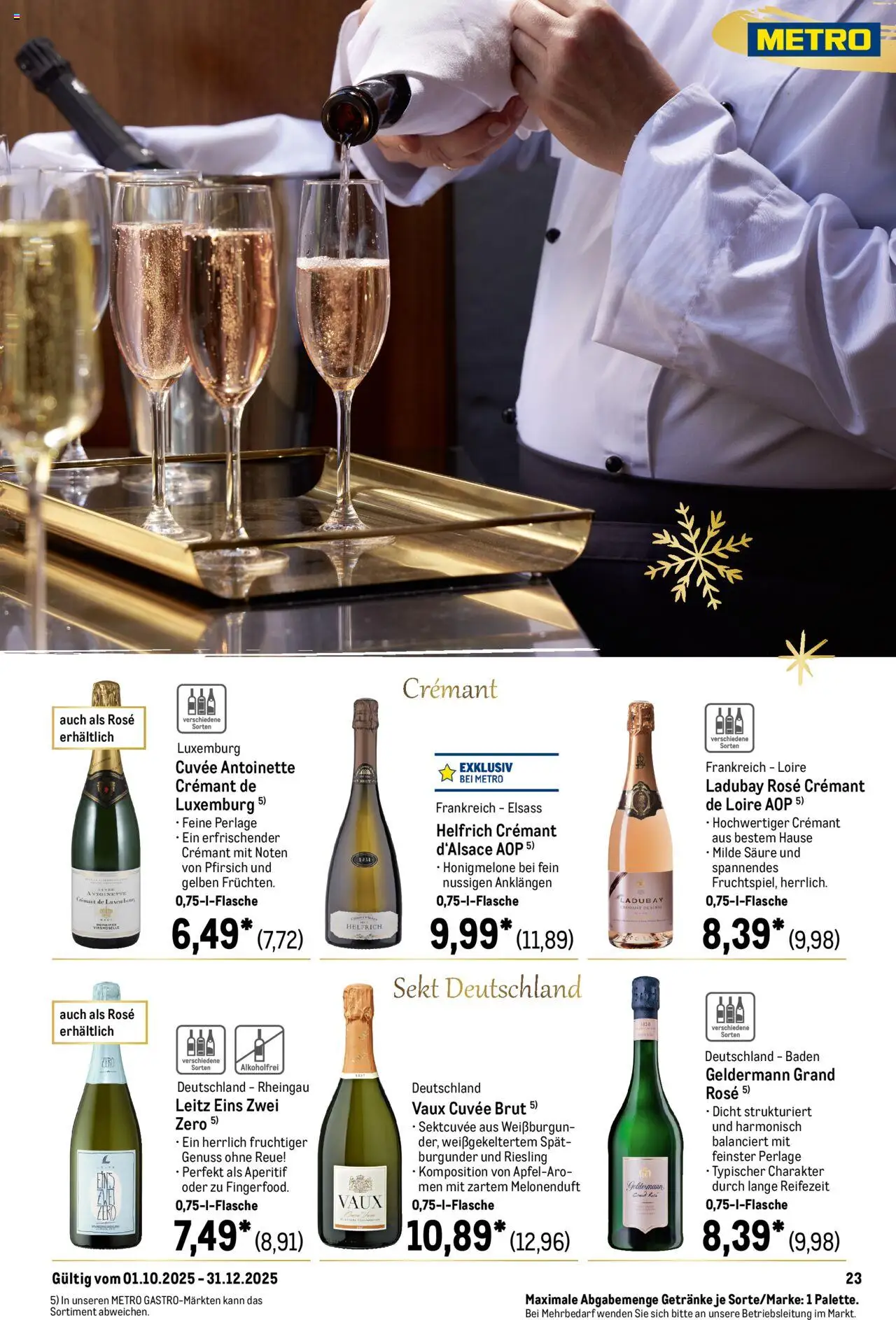 Metro Saisonkatalog "Perfekt ausgestattet" – gültig ab 01.10.2025 | Seite: 23 | Produkte: Sekt, Honigmelone, Pfirsich