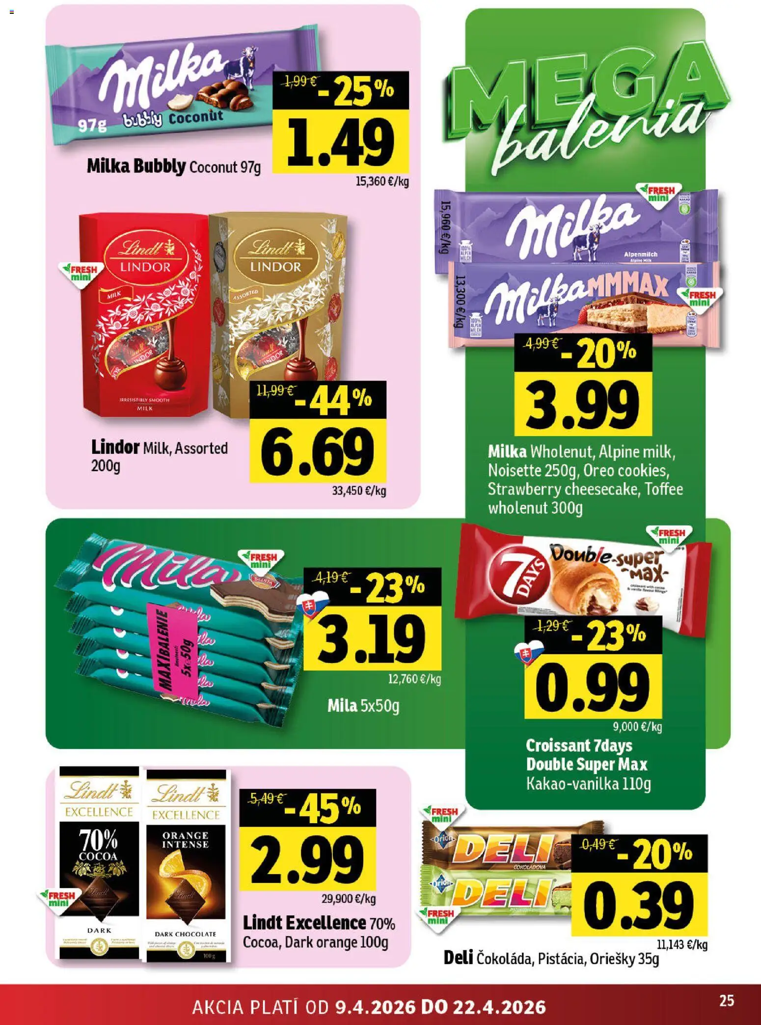 Nové Fresh akcie – leták je platný od 09.04.2026 | Strana: 25 | Produkty: Croissant, Lindor, Lindt, Milka
