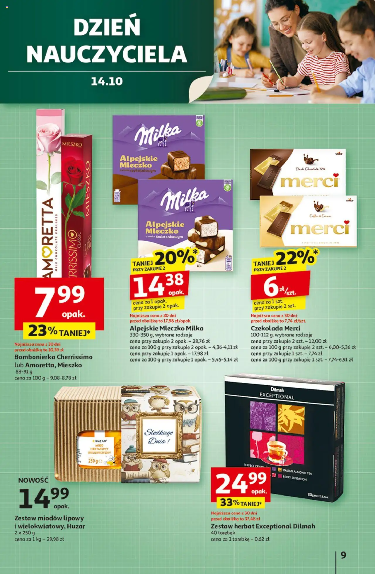 Auchan Gazetka - Wielkie przeboje cenowe Hipermarket od 09.10.2025 | Strona: 9 | Produkty: Czekolada merci, Miód, Milka, Czekolada