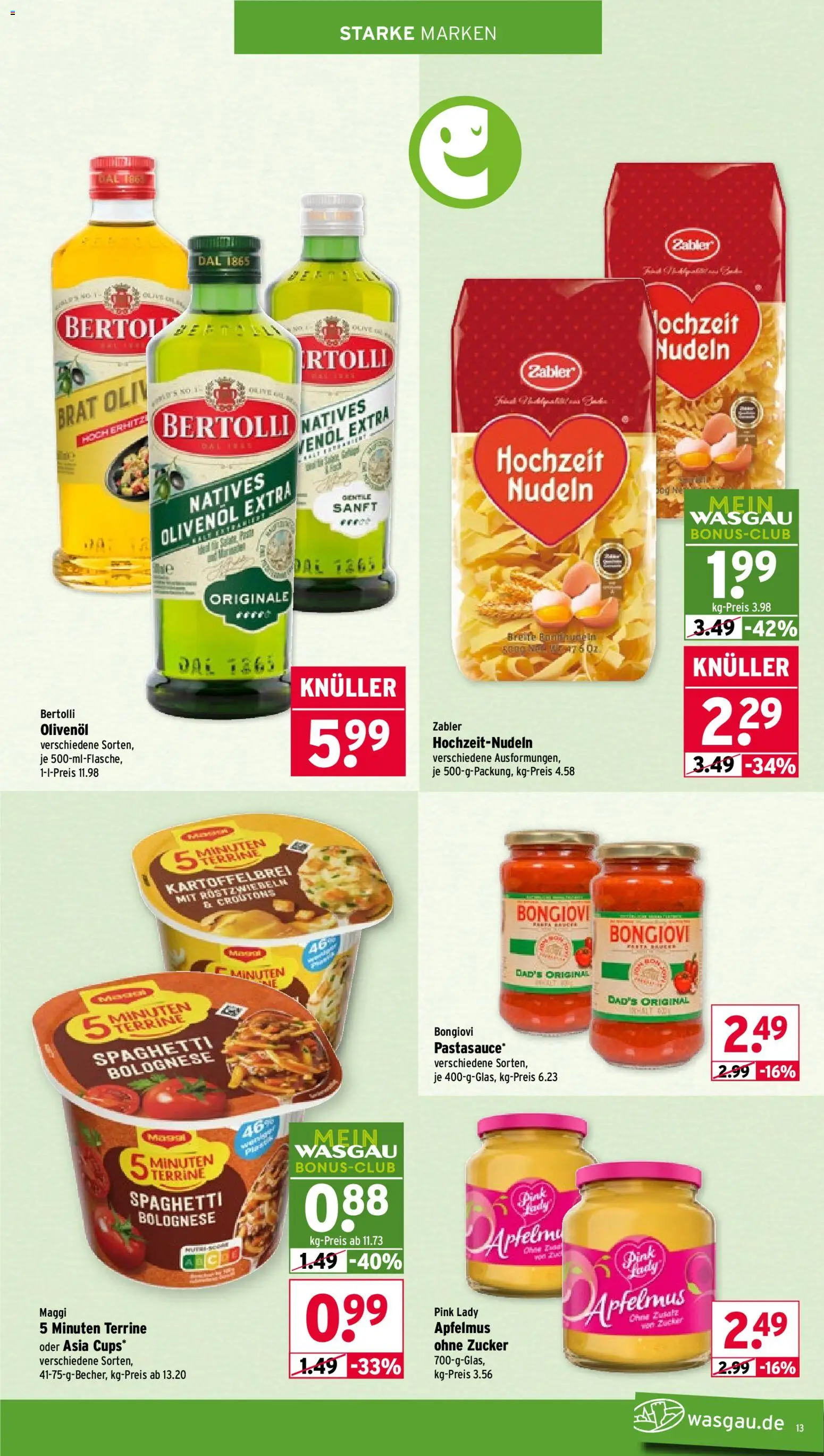Wasgau Prospekt 	 – gültig ab 02.03.2026 | Seite: 13 | Produkte: Maggi, Bertolli olivenol, Zucker, Nudeln