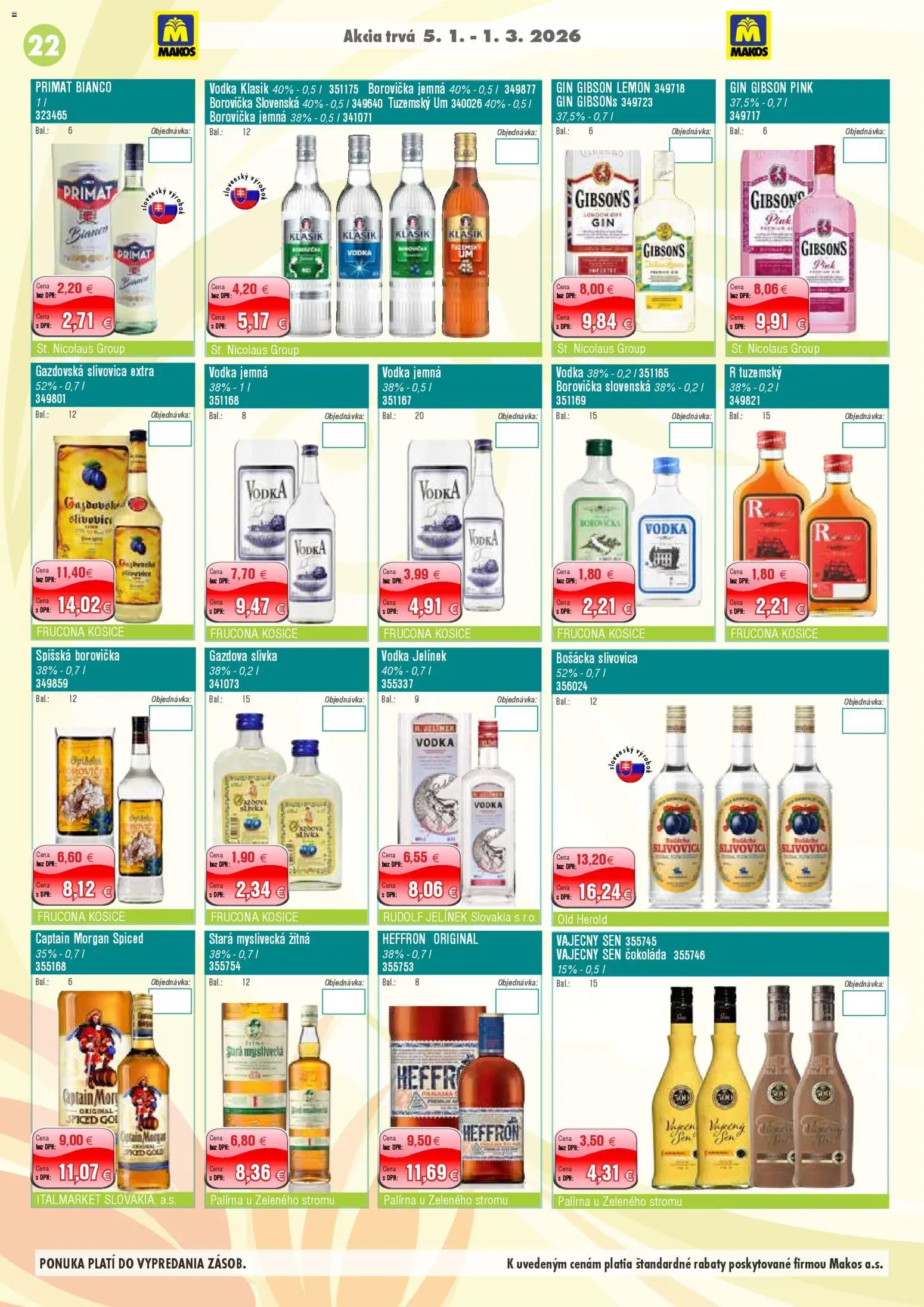 Nové Makos akcie – leták je platný od 05.01.2026 | Strana: 22 | Produkty: Bošácka slivovica, Čokoláda, Gin, Vodka