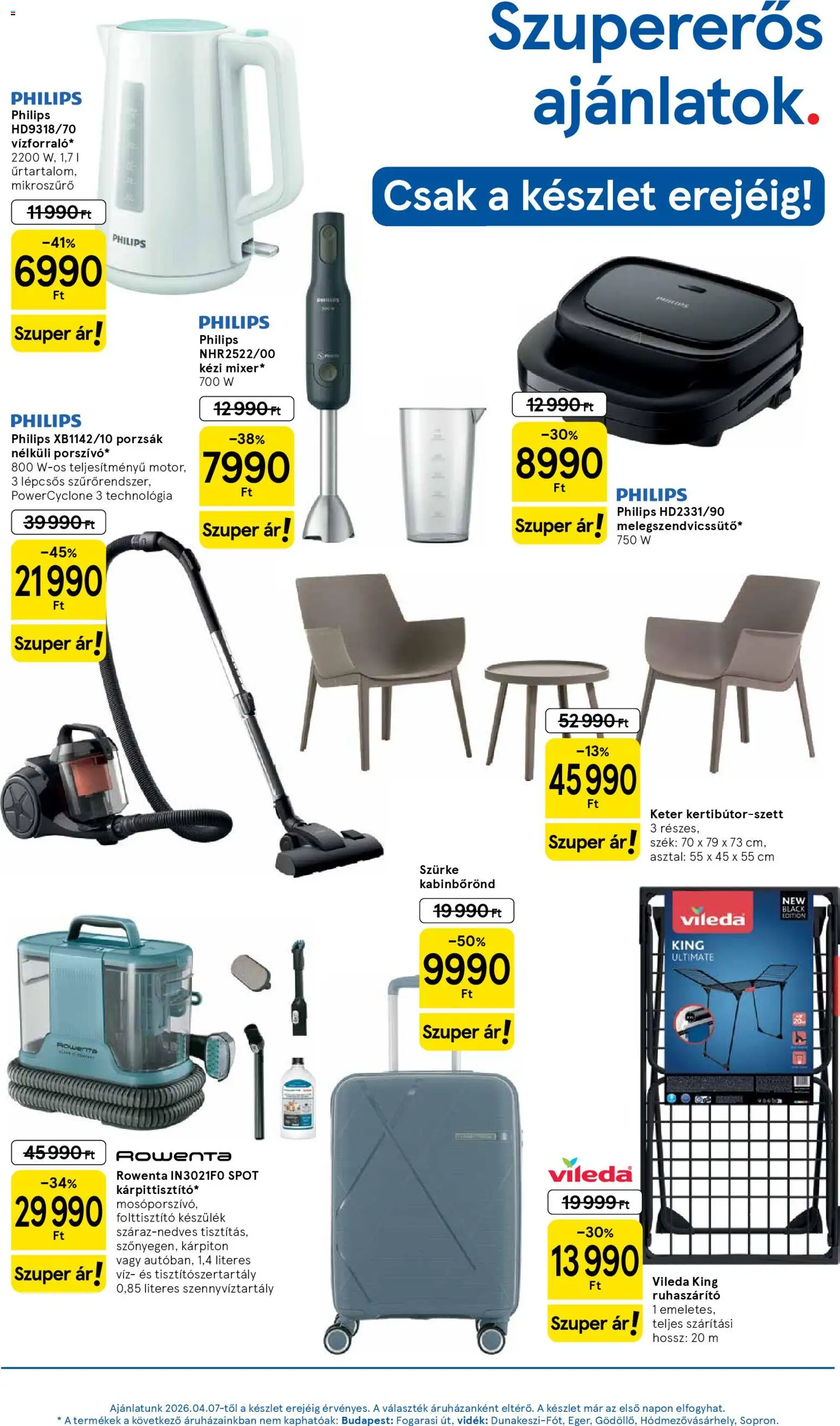 Tesco akciós ujság - amely érvényes a következő dátumtól: 07.04.2026 | Oldal: 15 | Termékek: Asztal, Szék, Ruhaszárító, Vileda