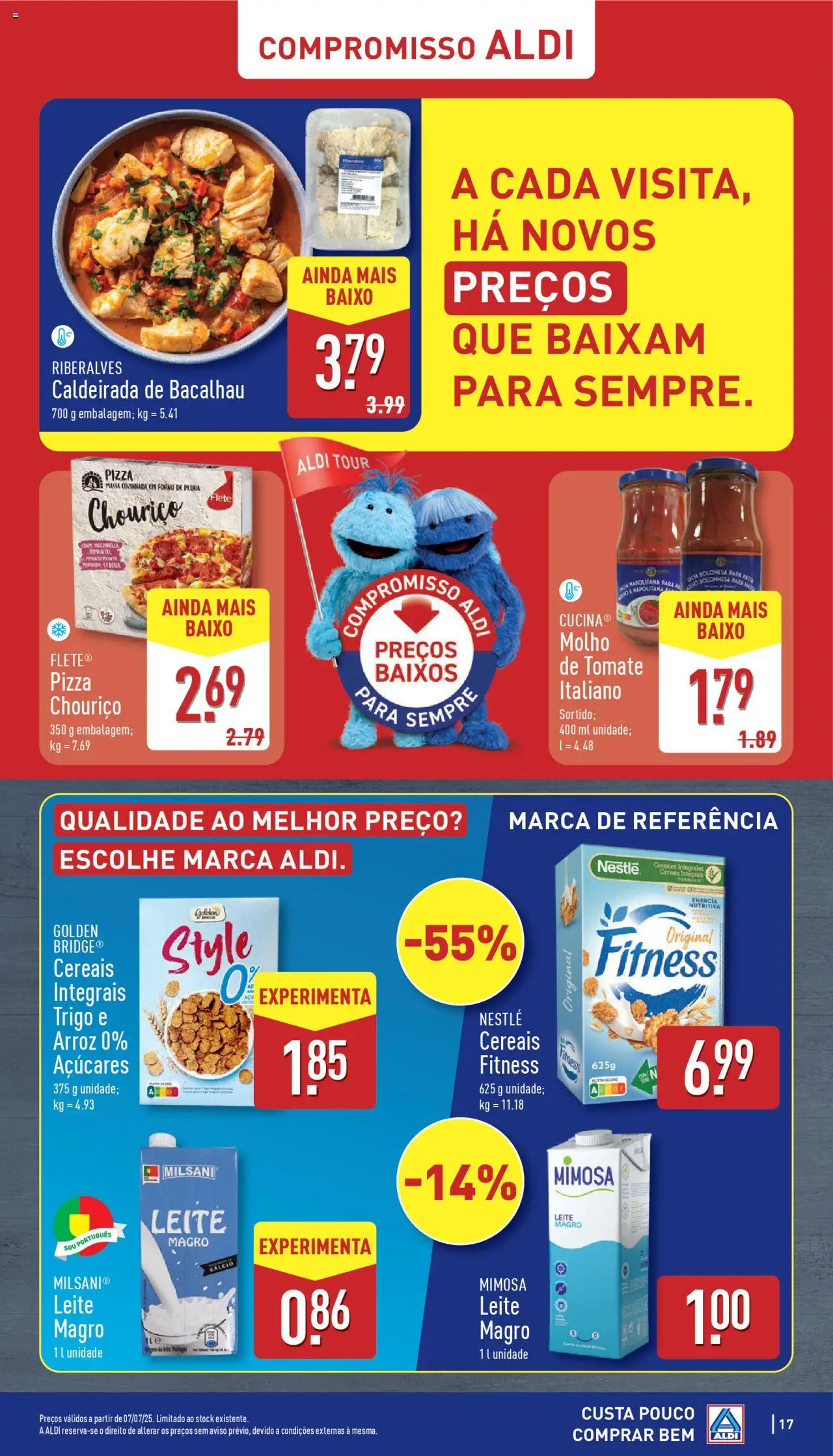 Aldi folheto │ válido de 07.07.2025 | Página: 17 | Produtos: Leite, Pizza, Cereais, Massa