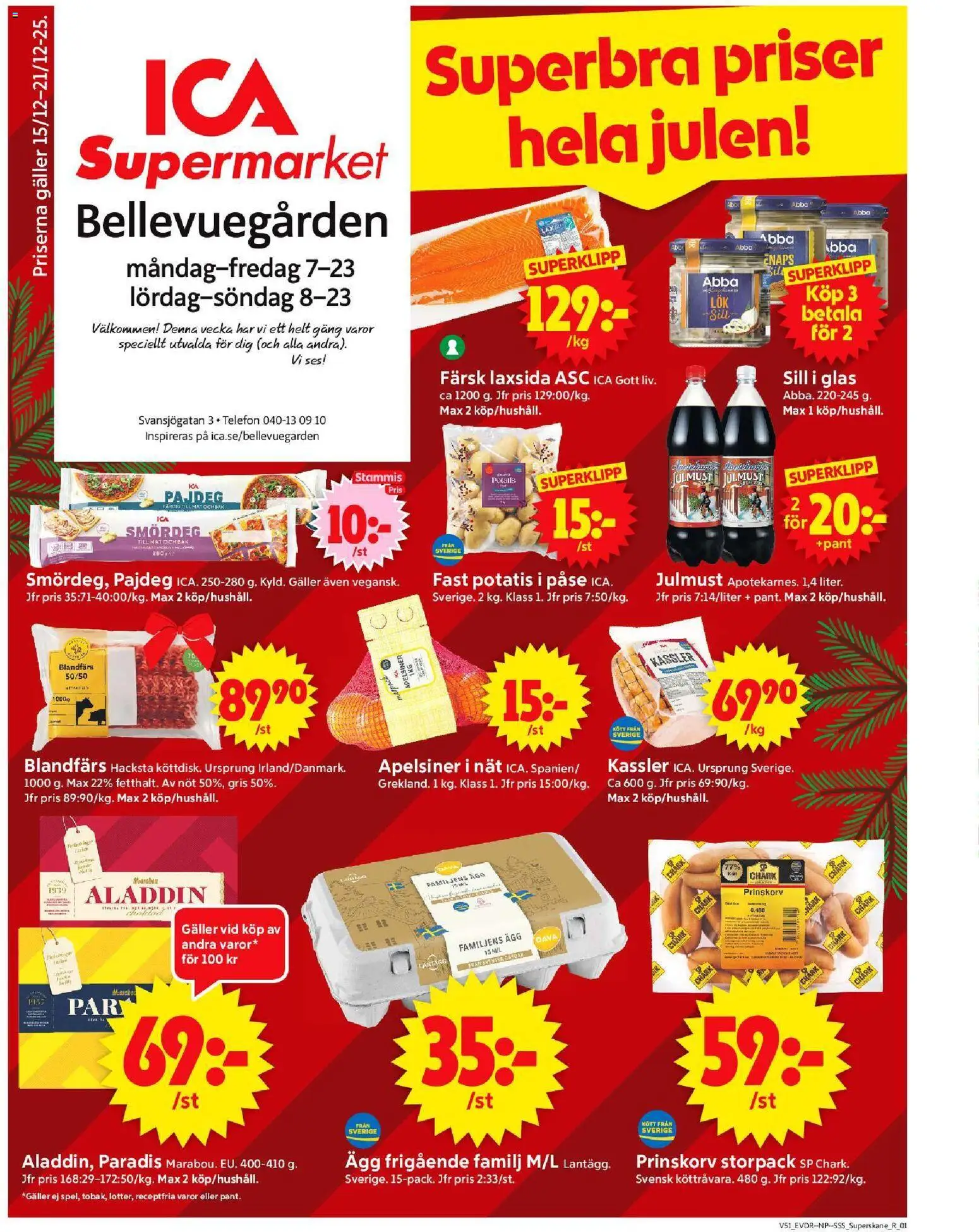 ICA Supermarket reklamblad aktuell från 15.12.2025 | Sida: 1 | Produkter: Blandfärs, Ägg, Apelsiner, Telefon
