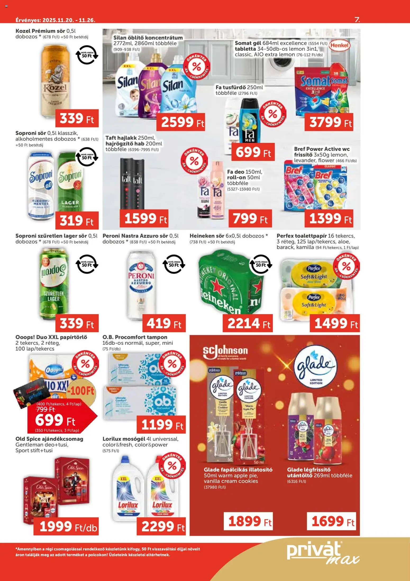 PRIVÁT akciós ujság - amely érvényes a következő dátumtól: 20.11.2025 | Oldal: 7 | Termékek: Mosógél, WC, Hajlakk, Sör