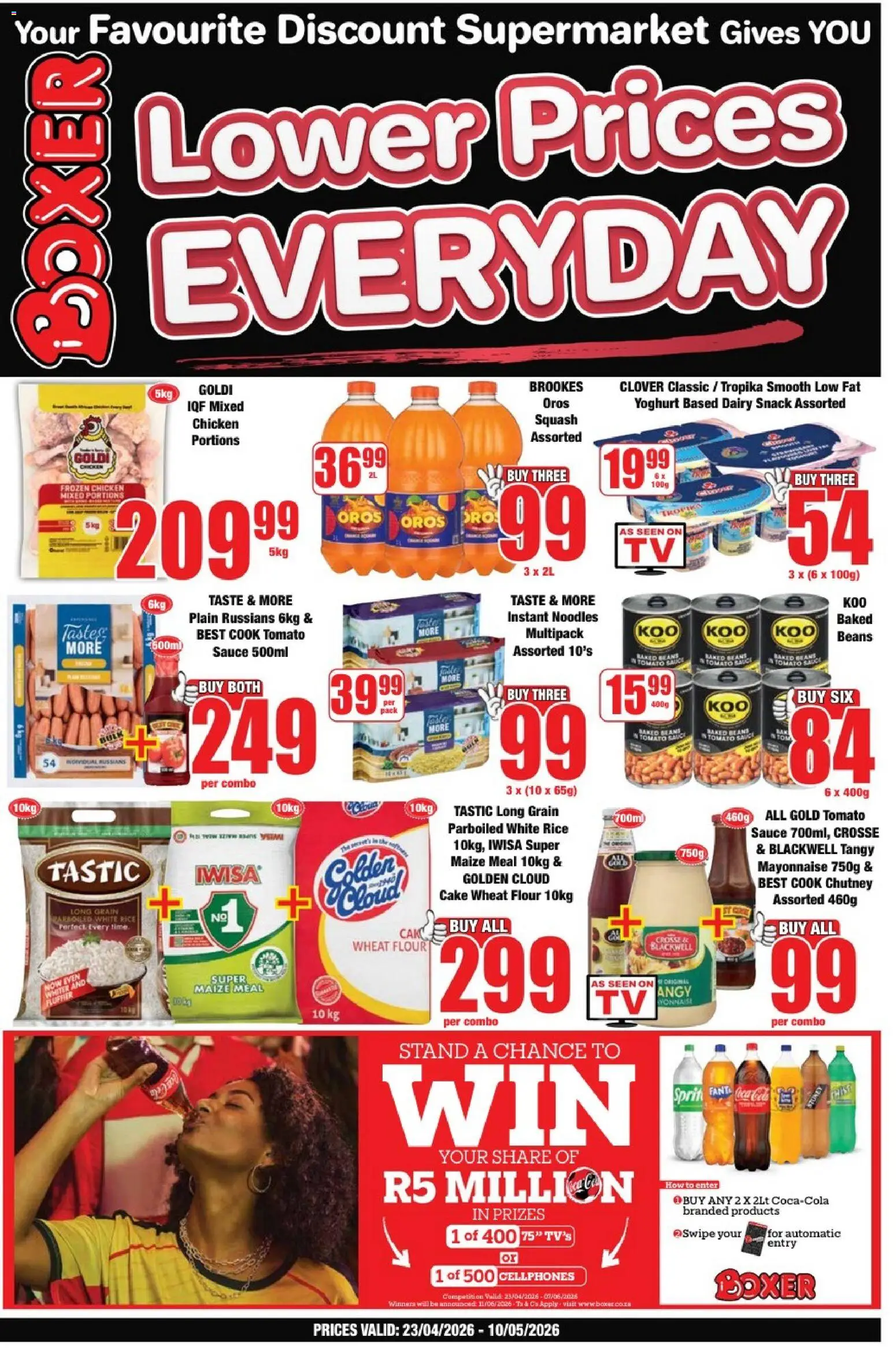 New Boxer catalogue – valid from 23.04.2026 | Page: 1 | Products: Cake, Beans, Maize meal, Tomato sauce