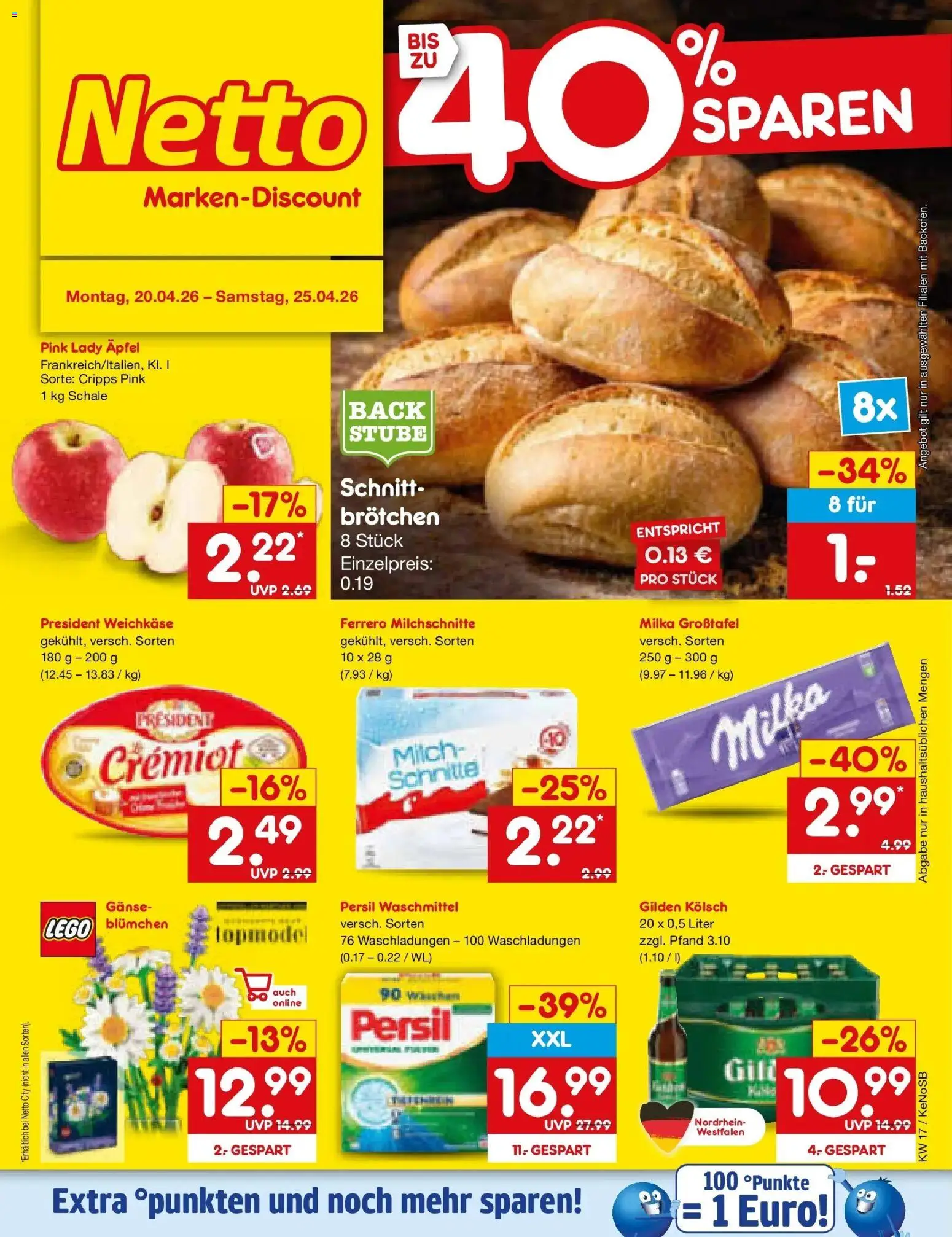 Netto Marken-Discount Prospekt Bonn	 – gültig ab 20.04.2026 | Seite: 1 | Produkte: Äpfel, Milka, Ferrero milchschnitte, Persil