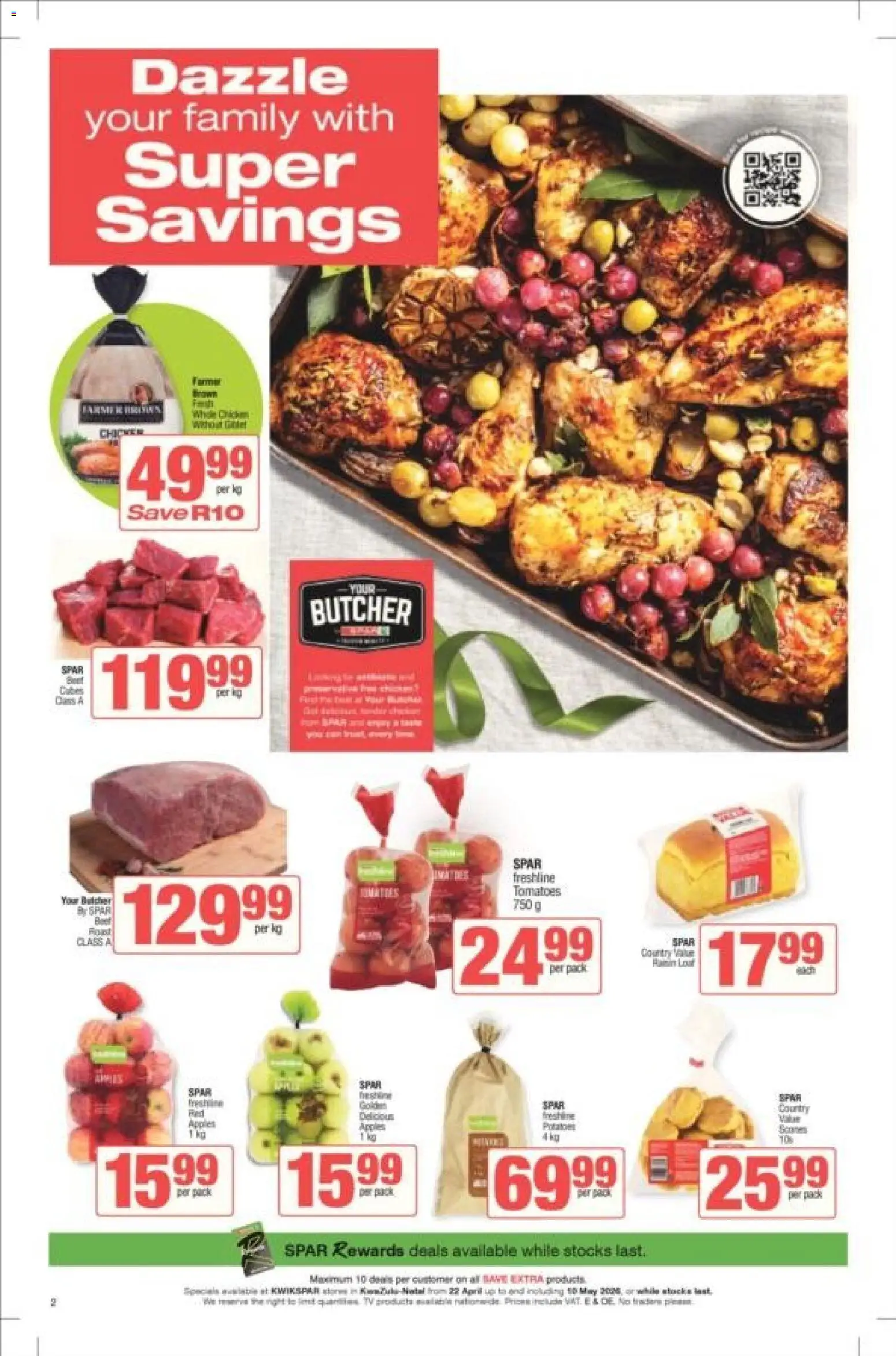 New KWIKSPAR catalogue – valid from 22.04.2026 | Page: 2 | Products: Chicken, Apples, Tomatoes, Beet