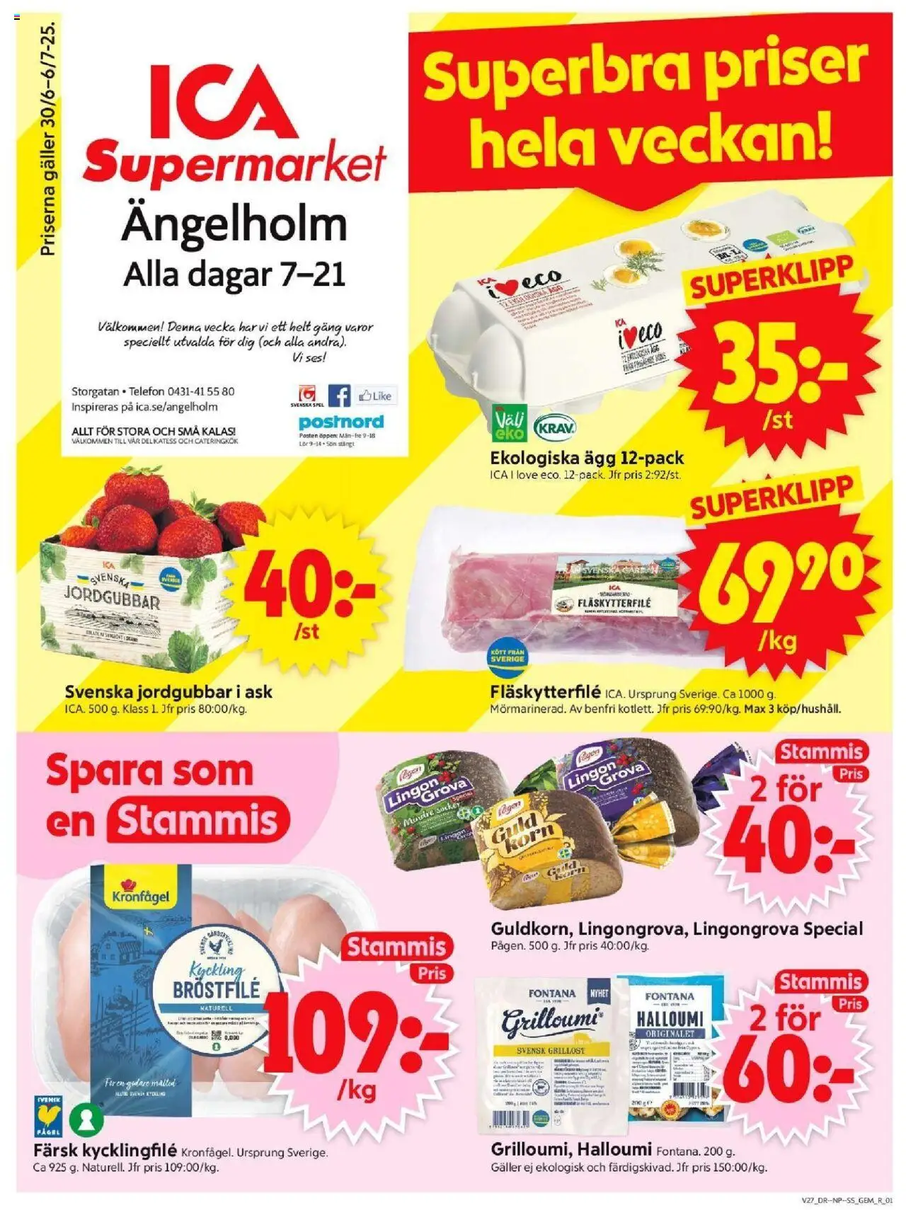 ICA Supermarket reklamblad aktuell från 30.06.2025 | Sida: 1 | Produkter: Halloumi, Ägg, Jordgubbar, Spel