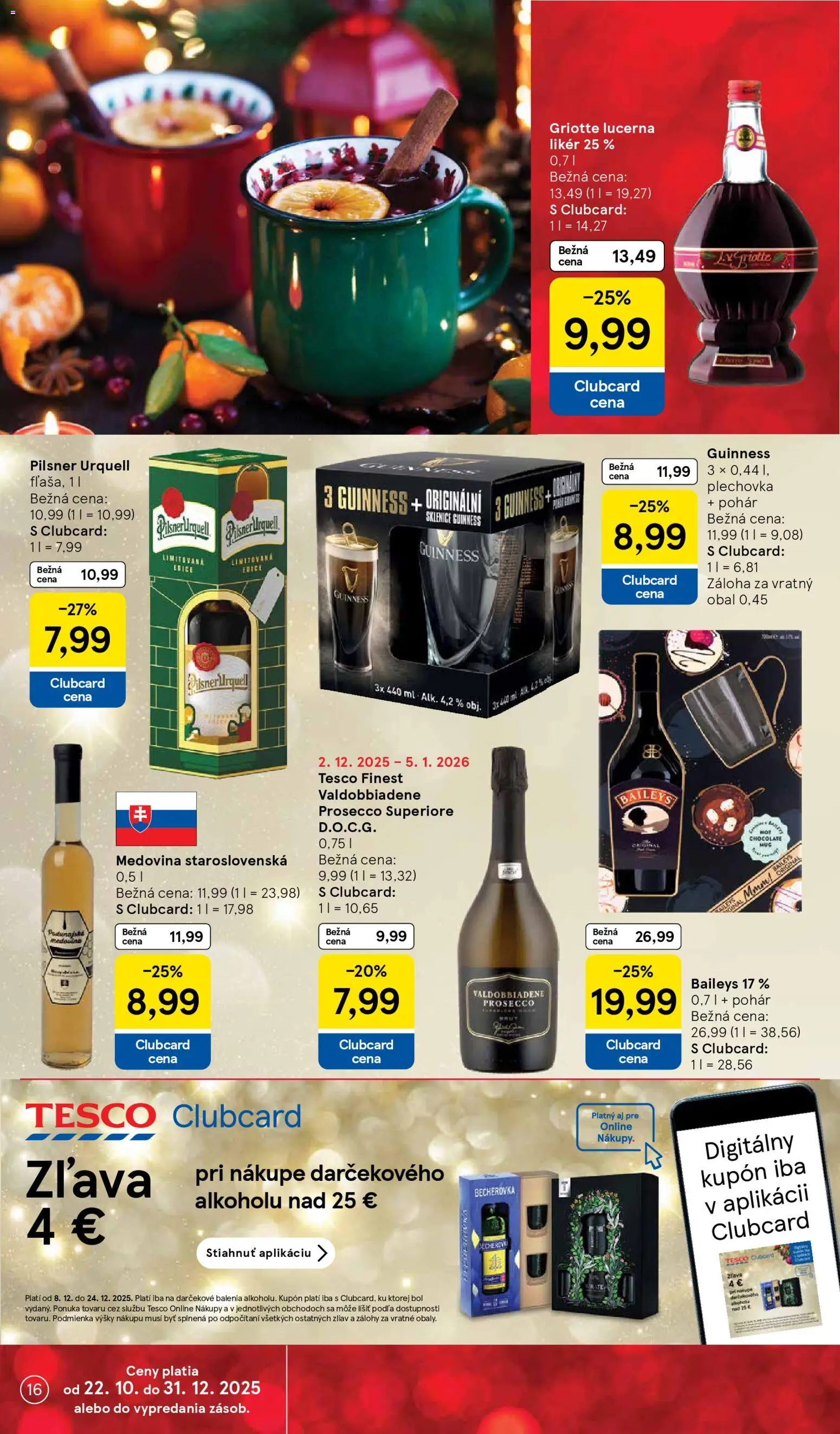 Nové Tesco akcie – leták je platný od 17.12.2025 | Strana: 16 | Produkty: Becherovka, Pilsner Urquell, Prosecco, Baileys