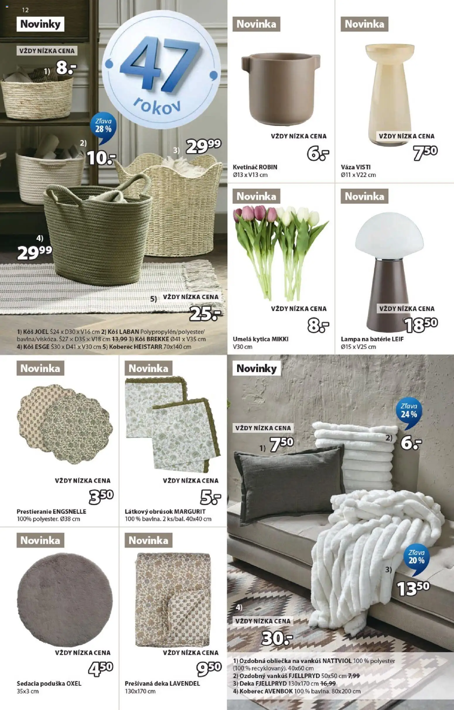 Nové JYSK akcie – leták je platný od 09.03.2026 | Strana: 12 | Produkty: Vankúš, Lampa, Koberec, Kvetináč
