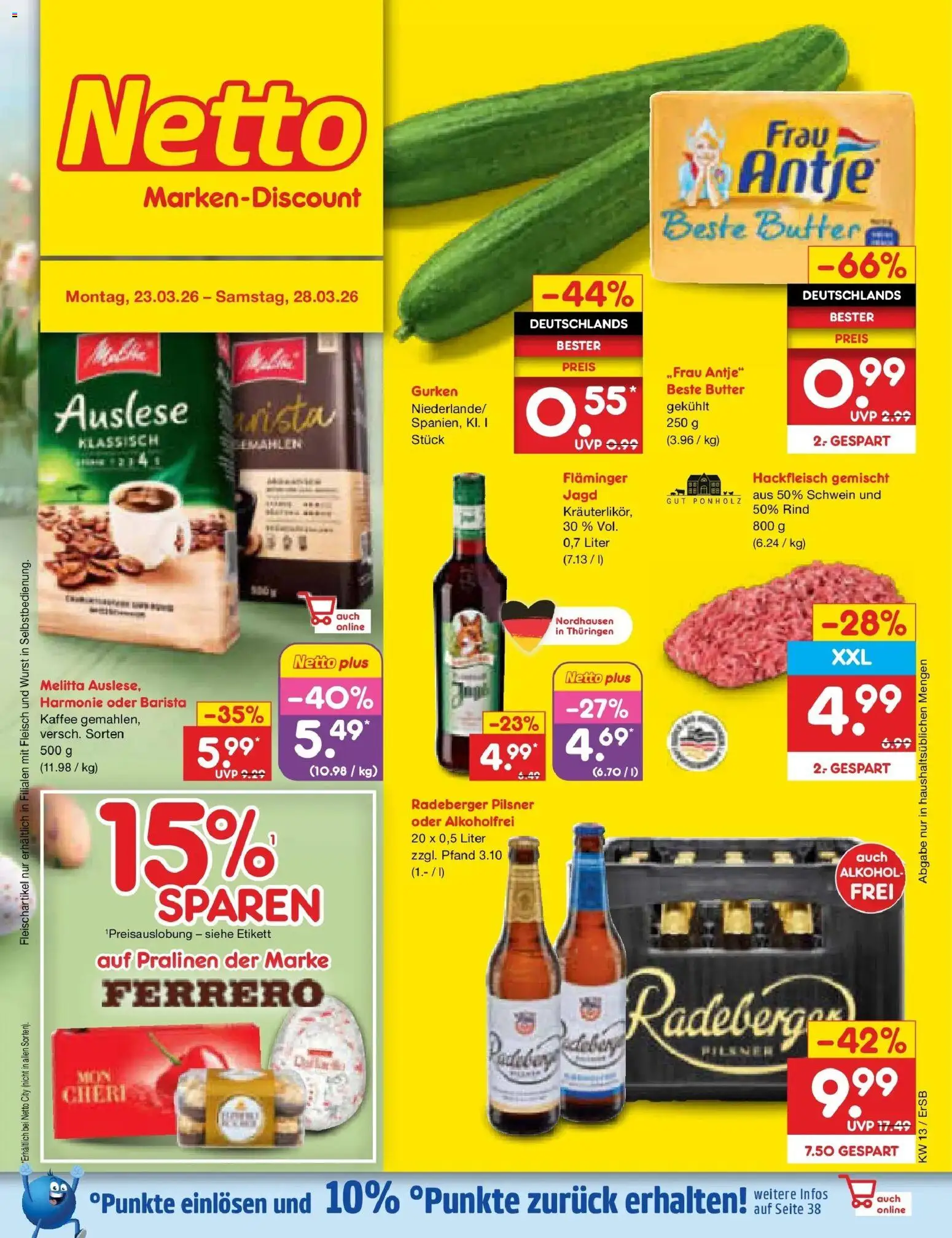 Netto Marken-Discount Prospekt Nordhausen	 – gültig ab 23.03.2026 | Seite: 1 | Produkte: Kaffee, Wurst, Gurken, Radeberger pilsner