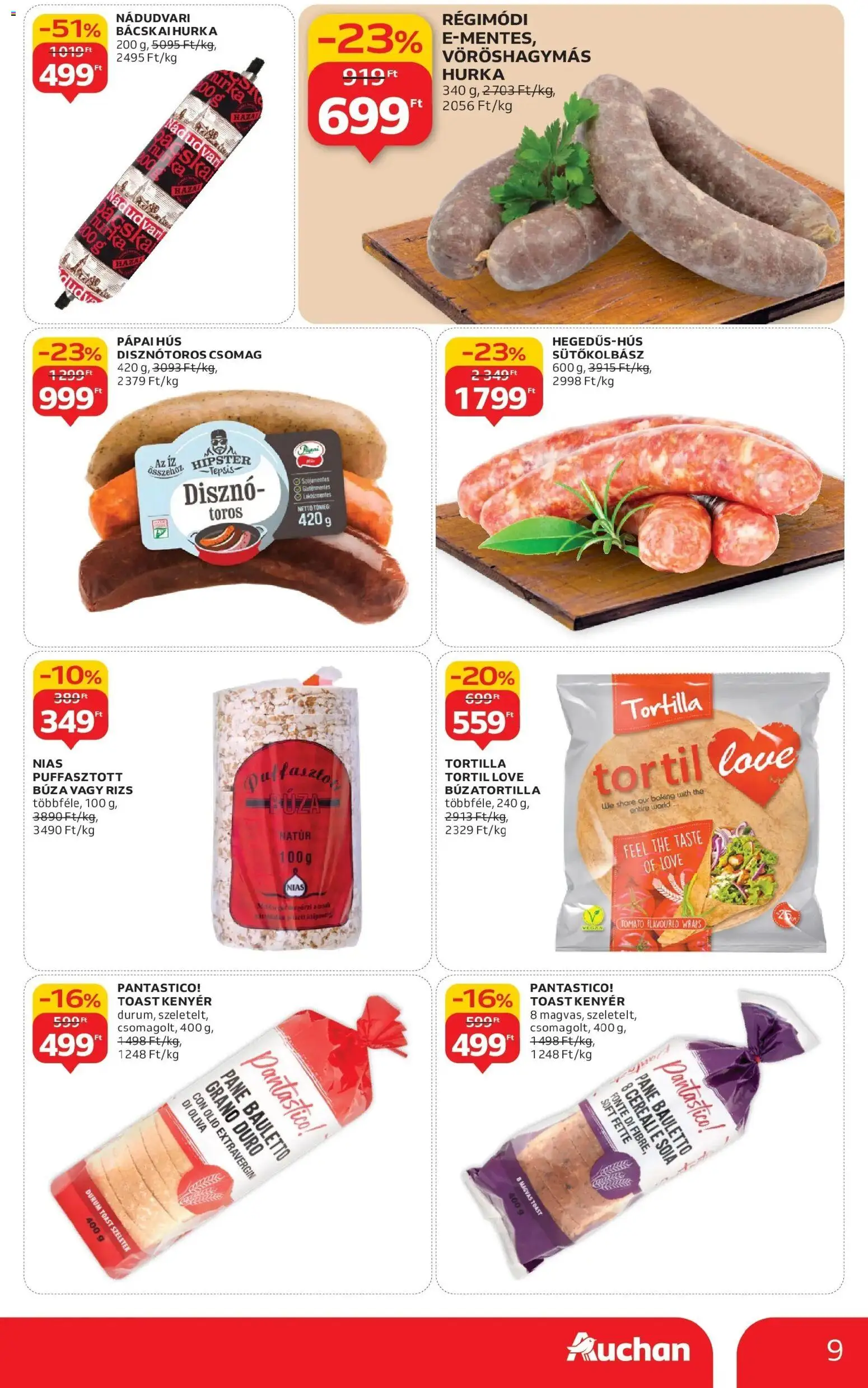 Auchan akciós ujság - amely érvényes a következő dátumtól: 15.01.2026 | Oldal: 9 | Termékek: Hús, Kenyér, Hurka, Rizs