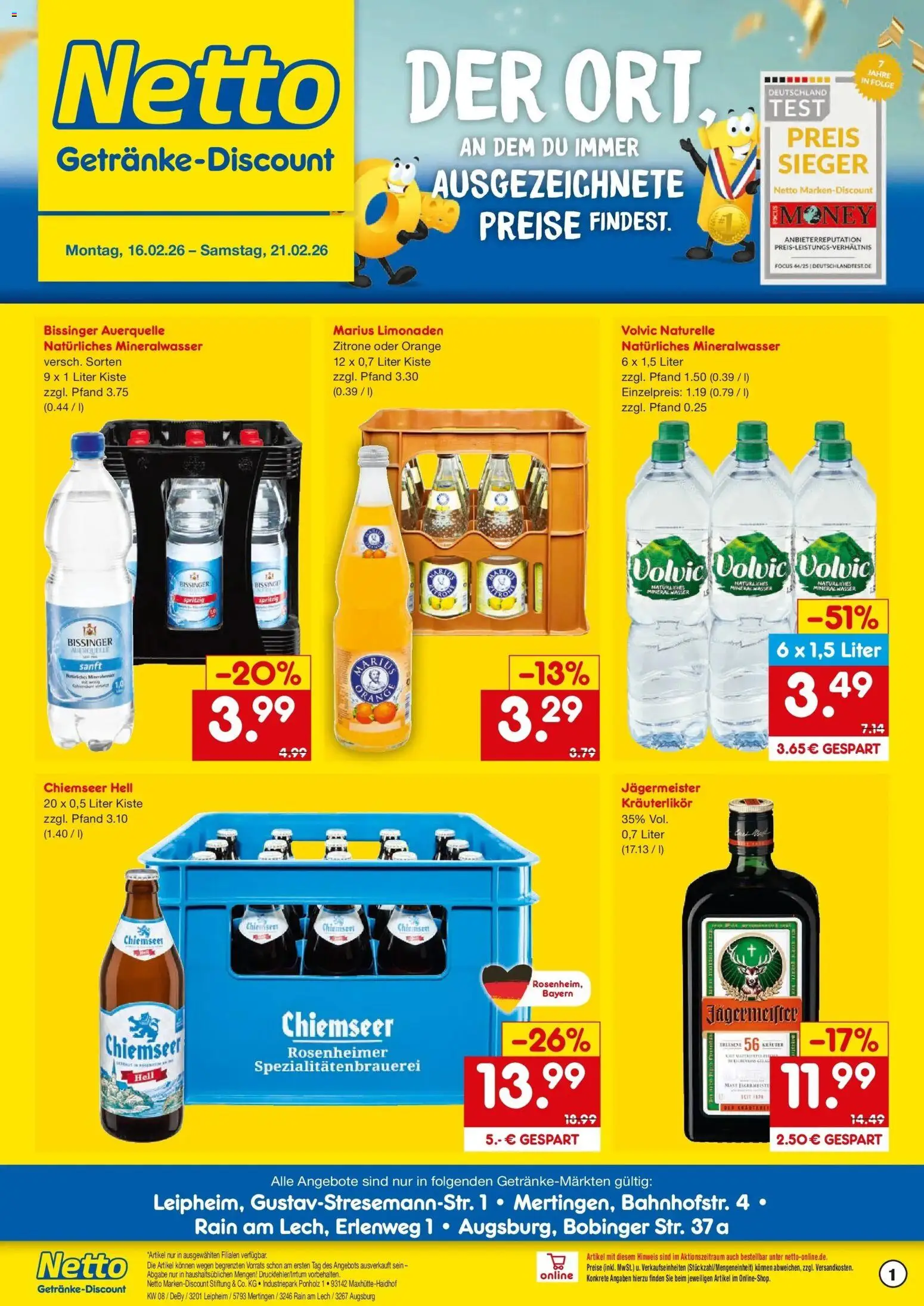 Netto Marken-Discount prospekt Leipheim	 – gültig ab 16.02.2026 | Seite: 1 | Produkte: Wasser, Jägermeister, Zitrone, Volvic