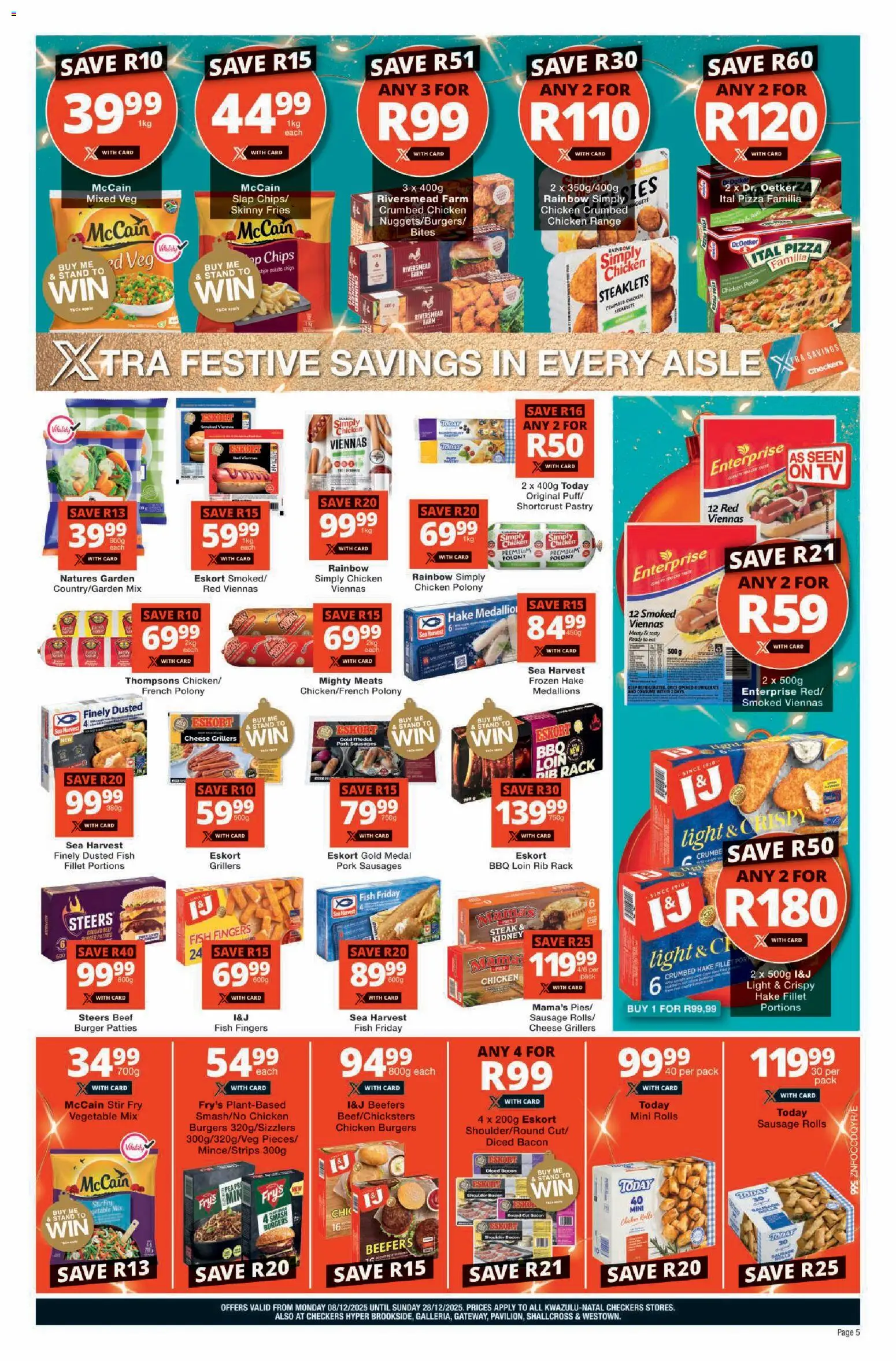 New Checkers catalogue – valid from 08.12.2025 | Page: 5 | Products: Steak, Polony, Pizza, Burgers