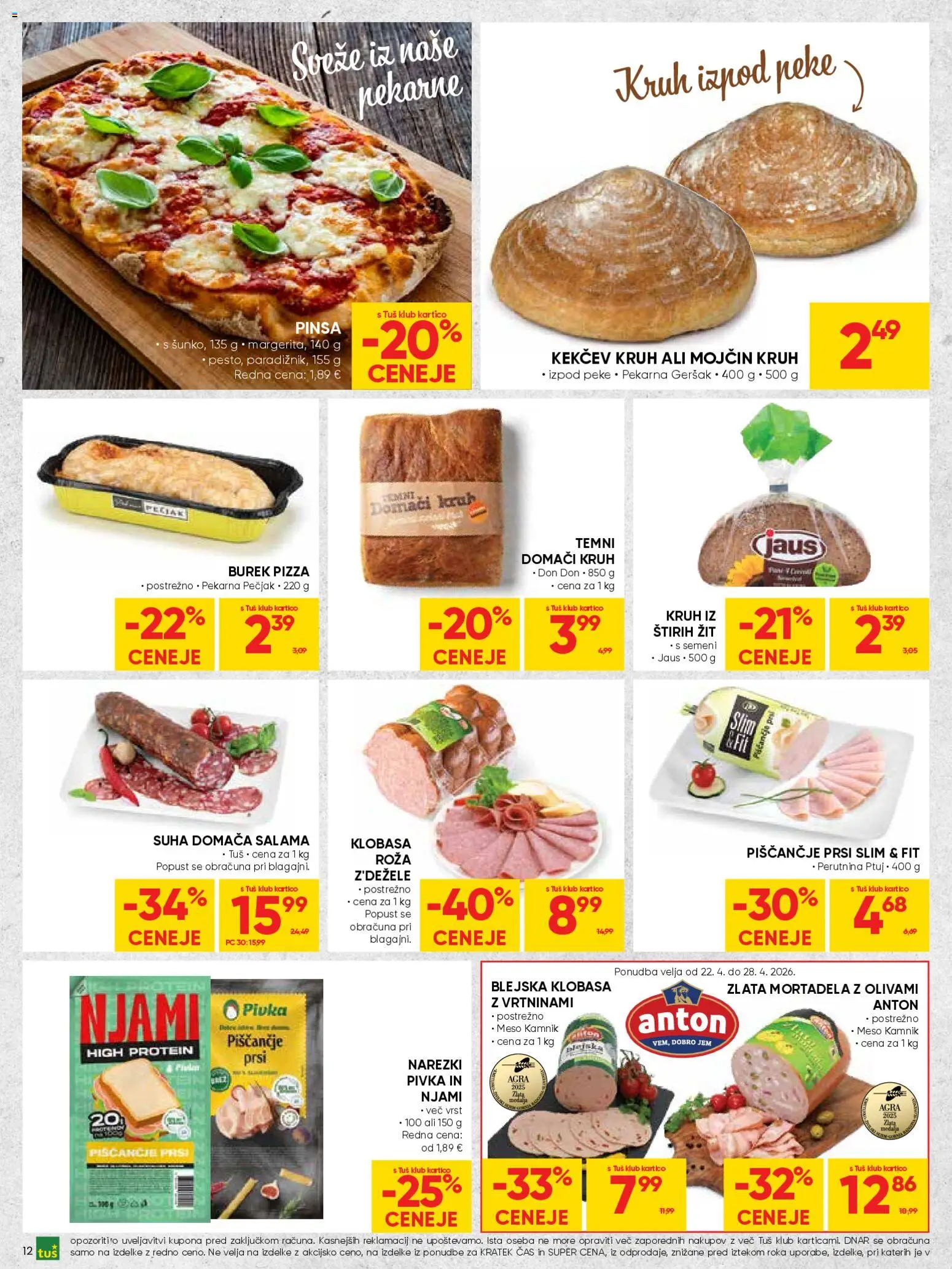 Novi Tuš katalog ponudbe – veljaven od 22.04.2026 | Stran: 12 | Izdelki: Mortadela, Pekarna, Kruh, Salama