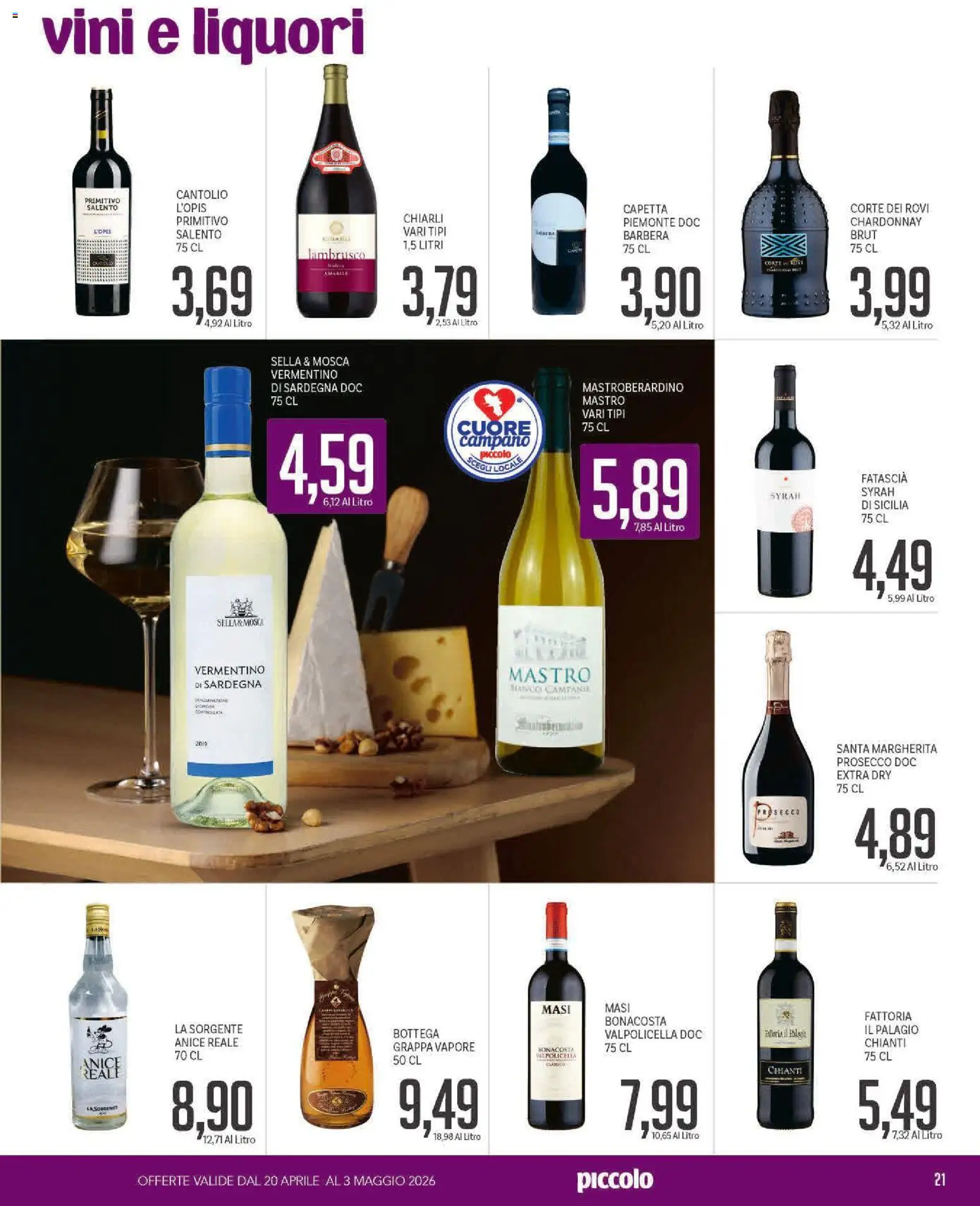 Volantino Piccolo del 20.04.2026 | Pagina: 21 | Prodotti: Prosecco, Grappa