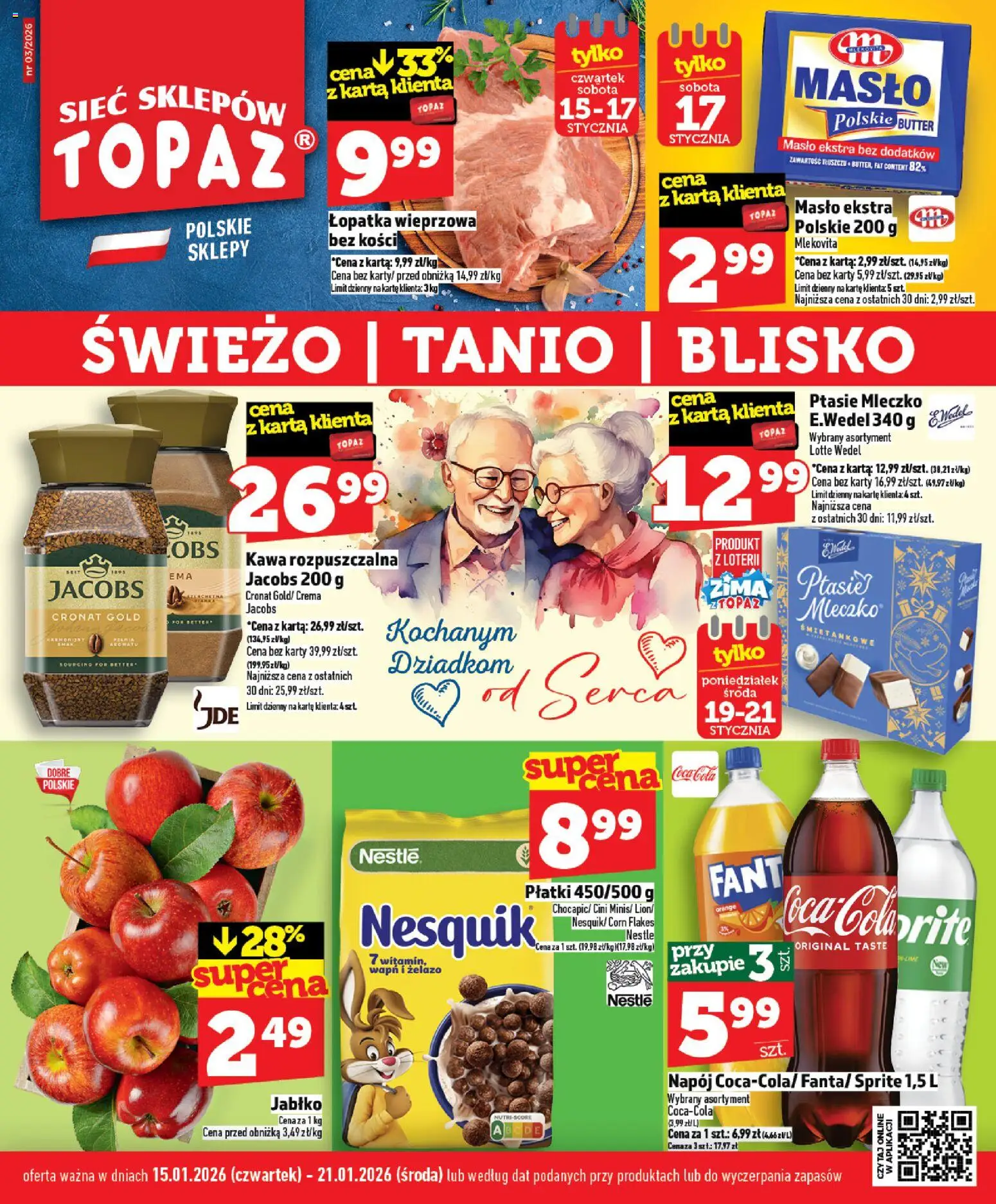 Topaz Gazetka od 15.01.2026 | Strona: 1 | Produkty: Karta, Ptasie mleczko, Łopatka wieprzowa, Corn Flakes