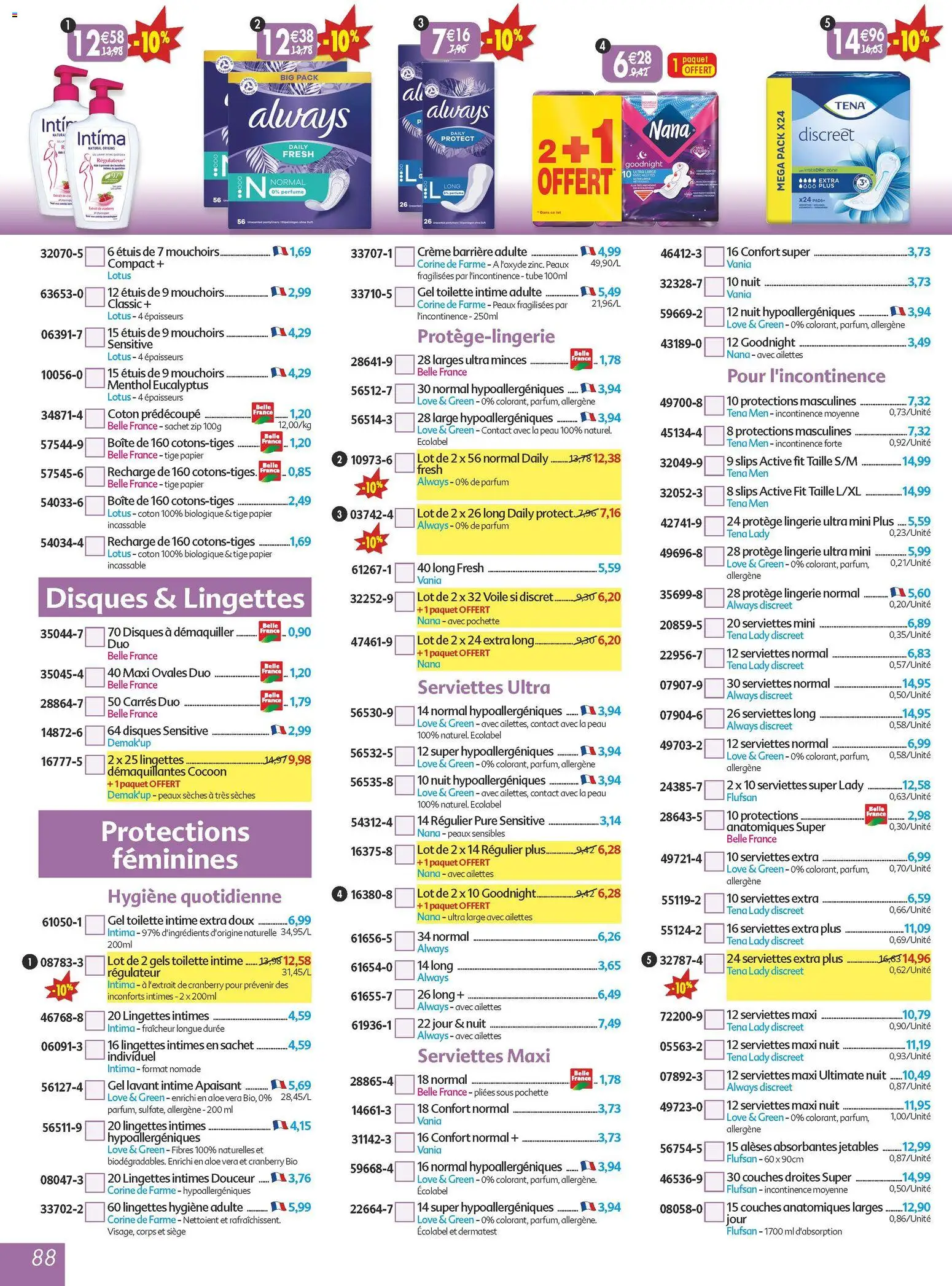 {H1} | Page: 88 | Produits: Couches, Parfum, Mouchoirs, Crème