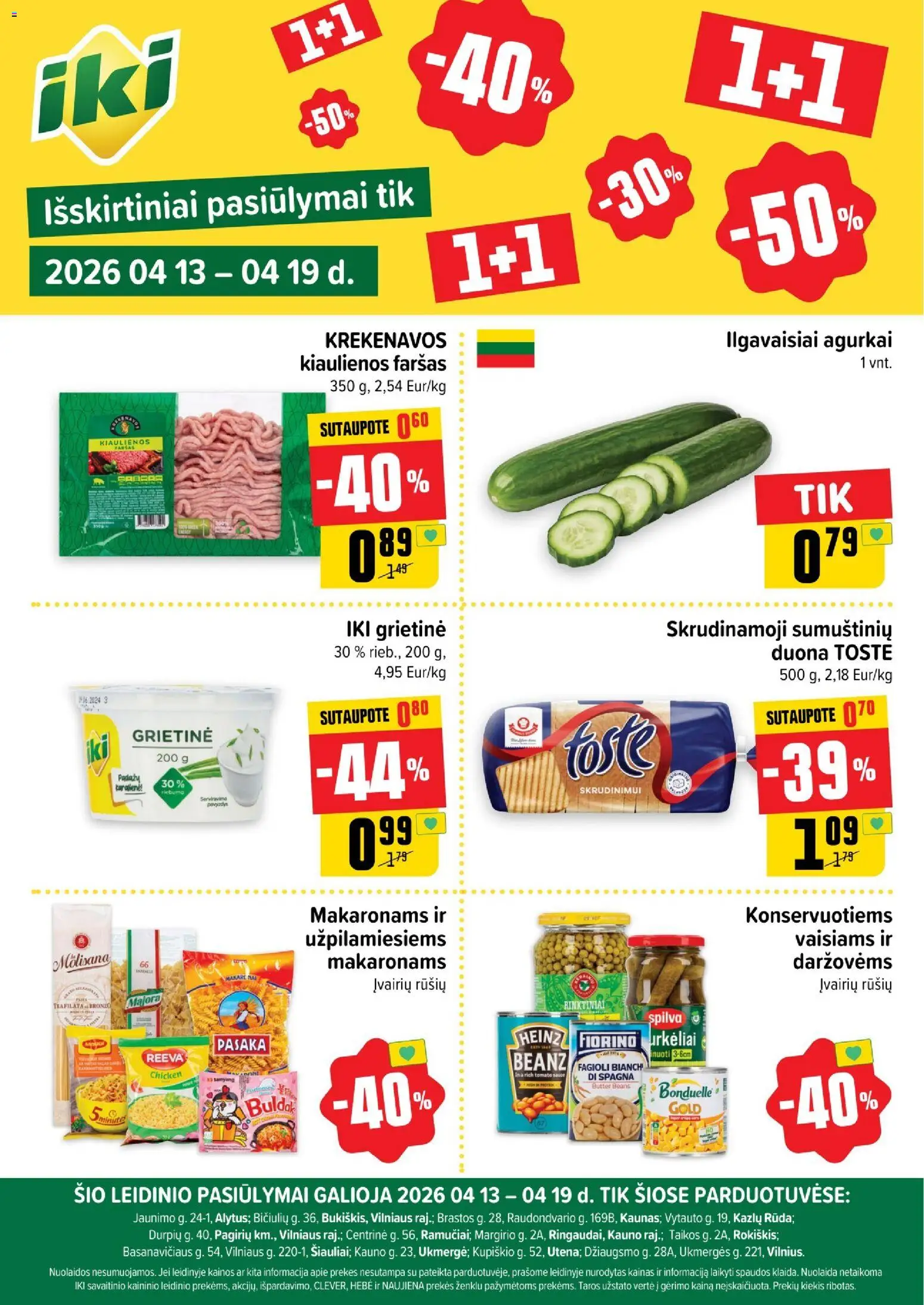 IKI akcijos nuo 13.04.2026 | Puslapis: 1 | Prekių: Agurkai, Kiaulienos, Duona, Grietinė