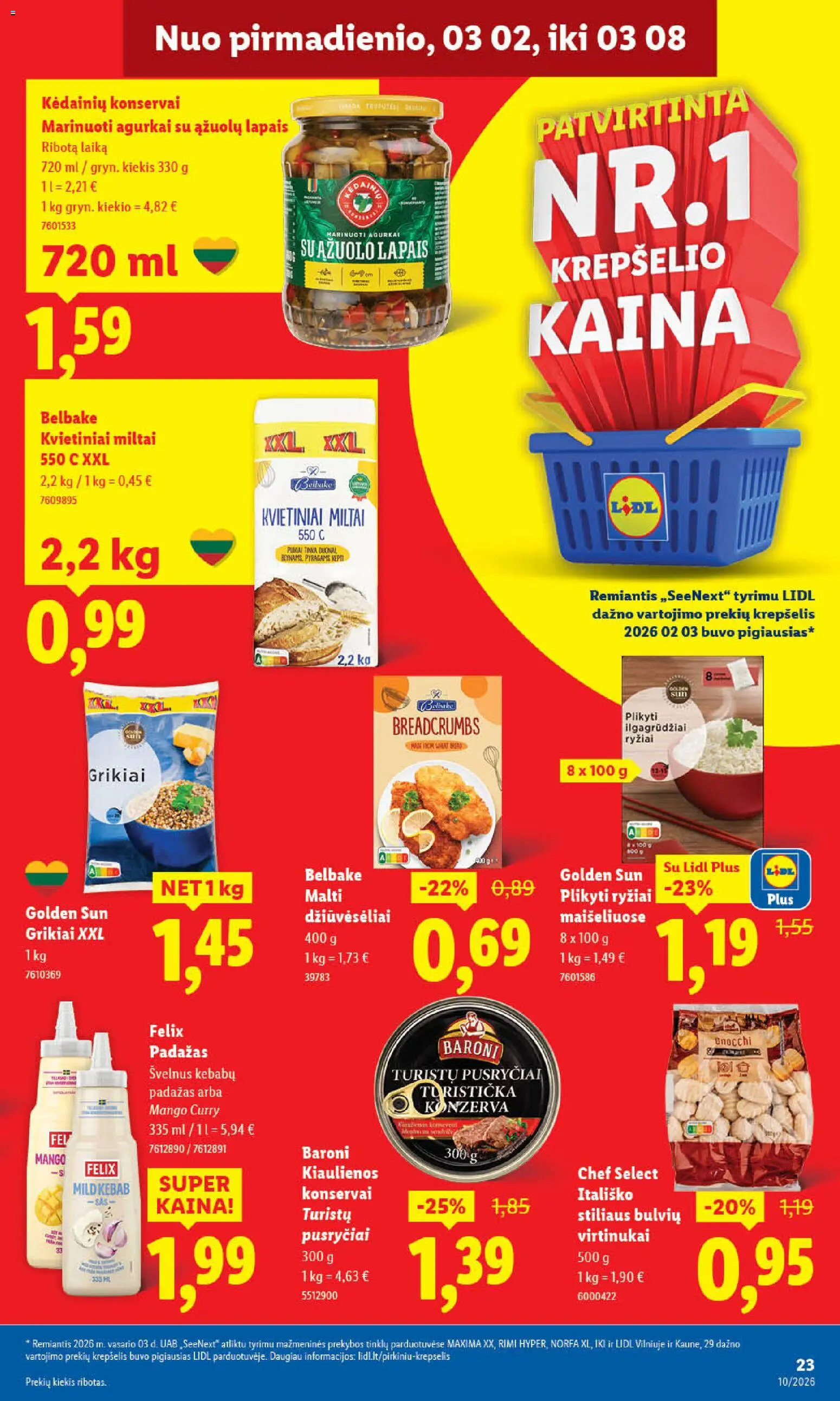 LIDL akcijos nuo 02.03.2026 | Puslapis: 23 | Prekių: Grikiai, Konservai, Krepšelis, Miltai