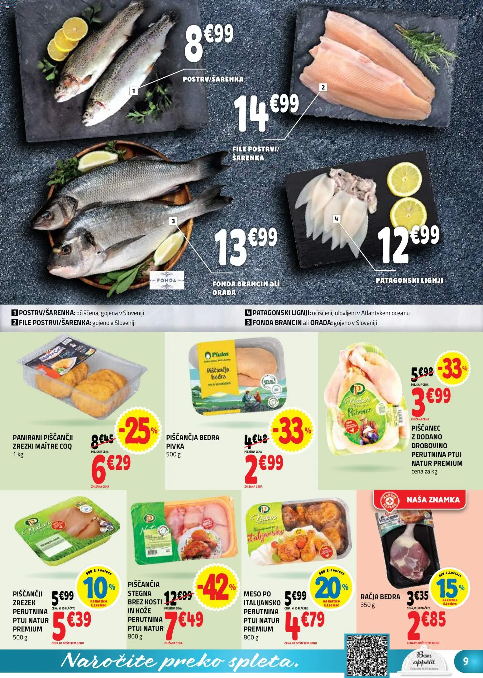 Novi E.leclerc katalog ponudbe – veljaven od 29.10.2025 | Stran: 9 | Izdelki: Lignji, Piščančja bedra, Zrezki, Orada
