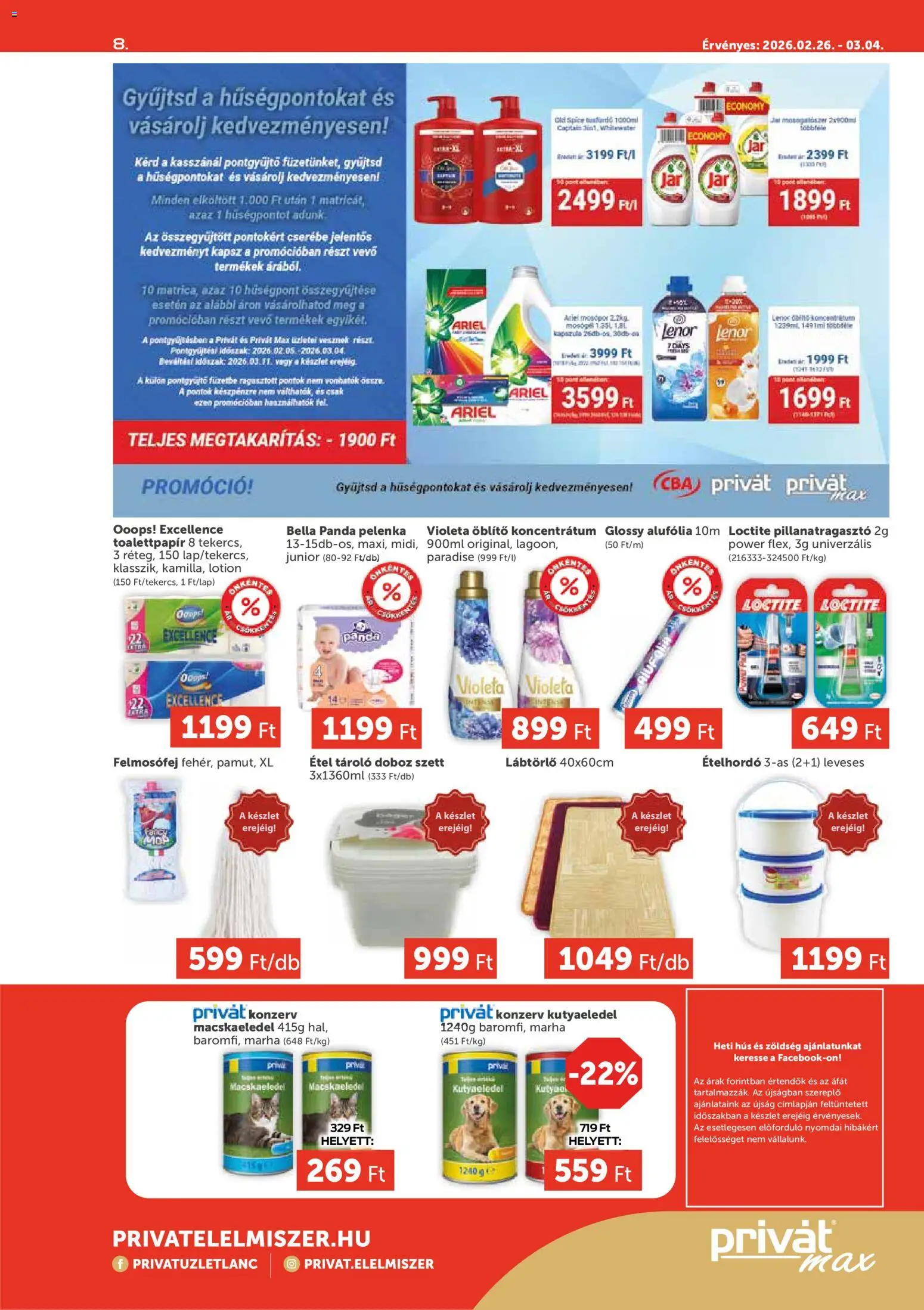 PRIVÁT akciós ujság - amely érvényes a következő dátumtól: 26.02.2026 | Oldal: 8 | Termékek: Öblítő, Doboz, Zöldség, Ételhordó