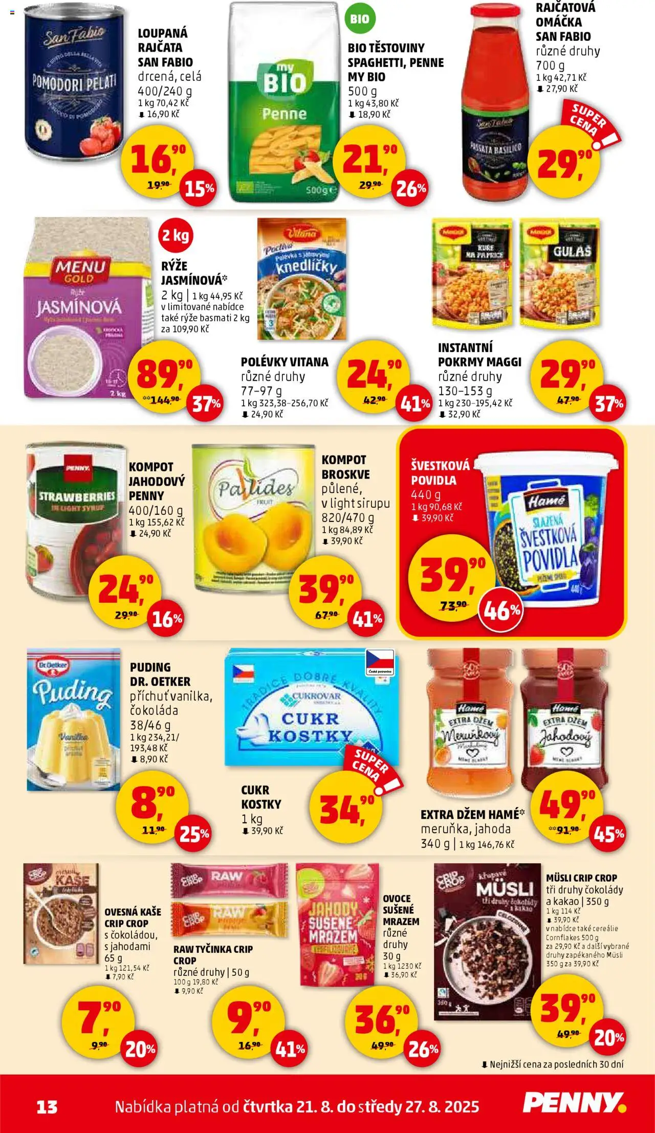 Penny Market leták - Čtvrtečník od 21.08.2025 | Strana: 13 | Produkty: Ovoce, Kaše, Guláš, Kostky