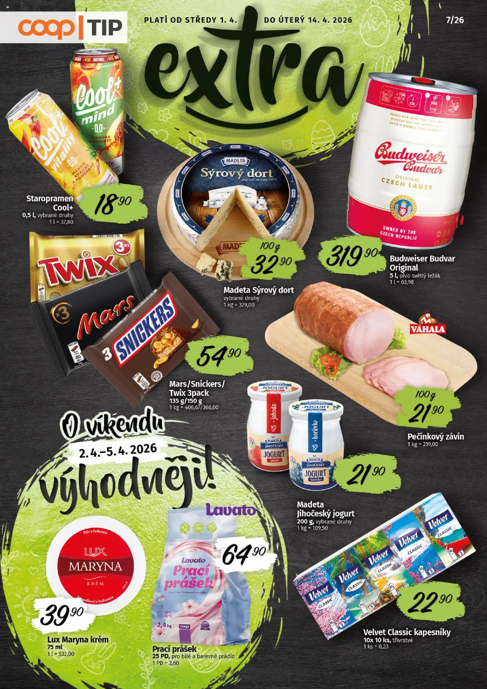 Coop leták - Tip Extra od 01.04.2026 | Strana: 1 | Produkty: Budvar, Jogurt, Velvet, Prací Prášek