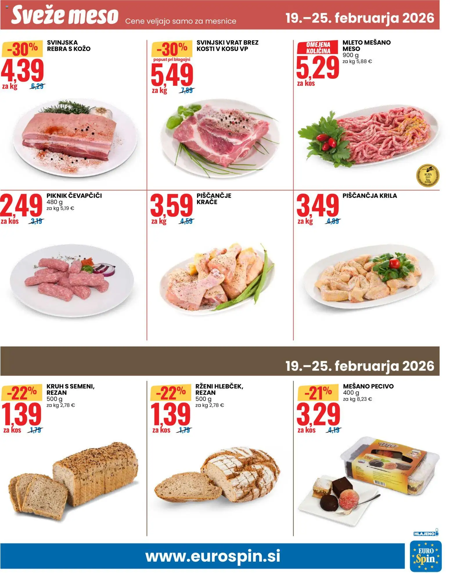 Novi Eurospin katalog ponudbe – veljaven od 19.02.2026 | Stran: 13 | Izdelki: Čevapčiči, Piščančja krila, Kos, Kruh