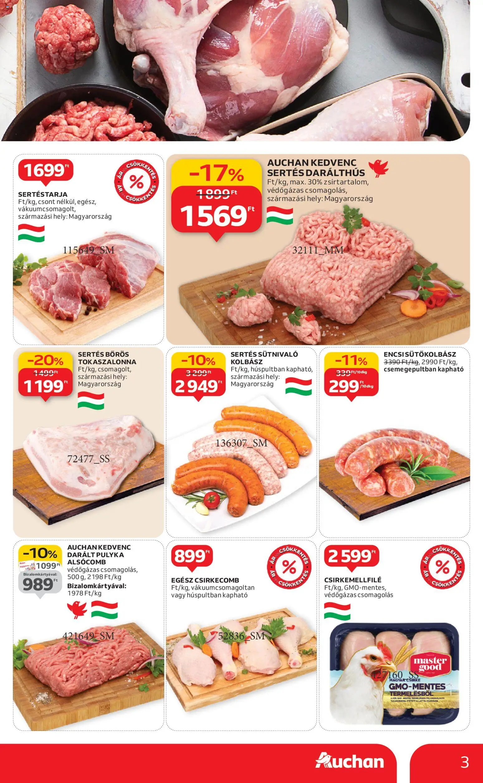 Auchan akciós ujság - amely érvényes a következő dátumtól: 08.01.2026 | Oldal: 3 | Termékek: Sertéstarja, Kolbász, Tokaszalonna, Csirkecomb