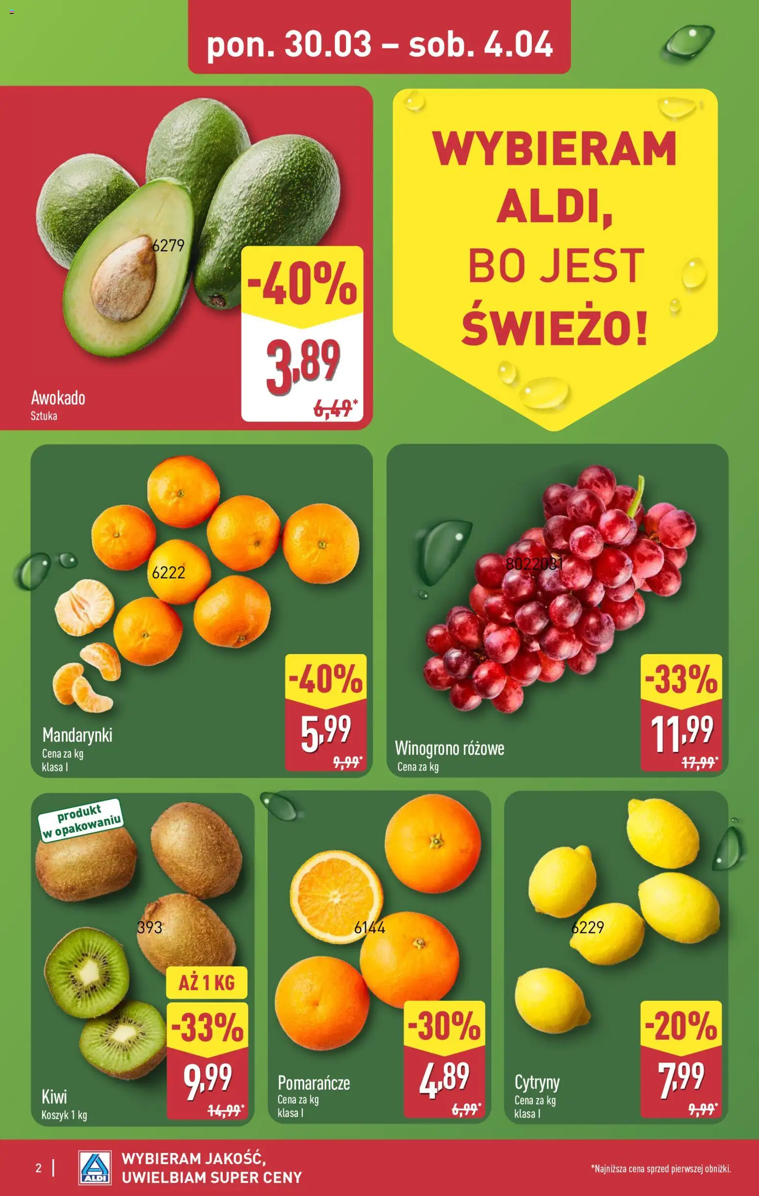 Aldi gazetka od 30.03.2026 | Strona: 2 | Produkty: Winogrono, Cytryny, Kiwi, Mandarynki