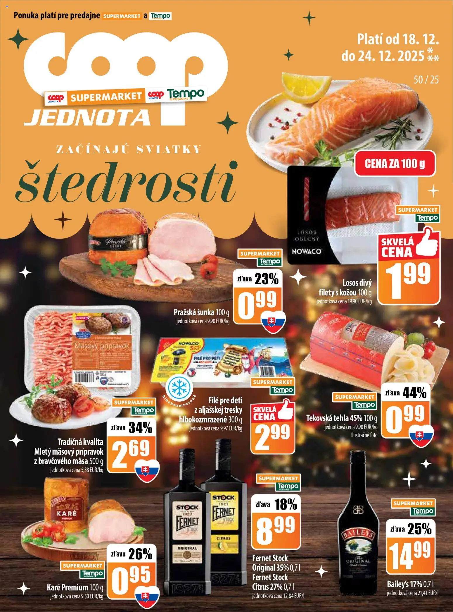 Nové COOP Jednota akcie – leták je platný od 18.12.2025 | Strana: 15 | Produkty: Šunka, Losos, Fernet Stock, Baileys