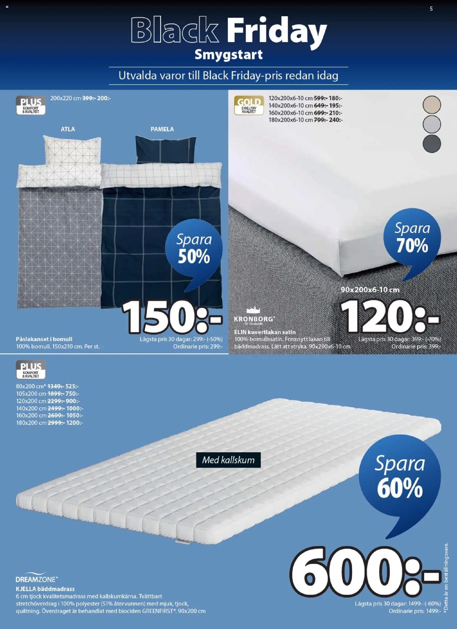 JYSK reklamblad aktuell från 17.11.2025 | Sida: 5 | Produkter: Lakan, Bäddmadrass, Påslakanset