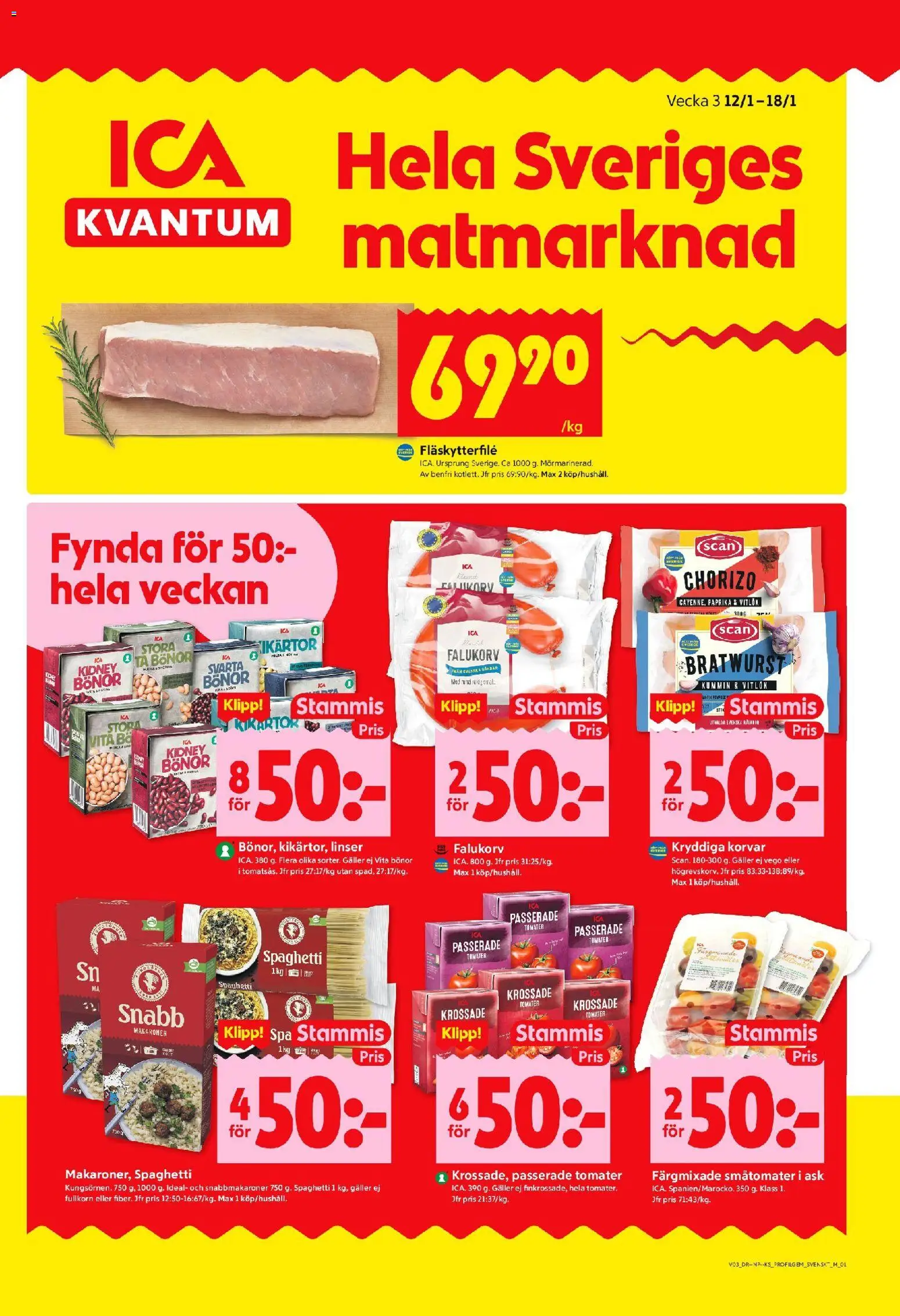 ICA Kvantum reklamblad aktuell från 12.01.2026 | Sida: 1 | Produkter: Krossade tomater, Fläskytterfilé, Chorizo, Bönor