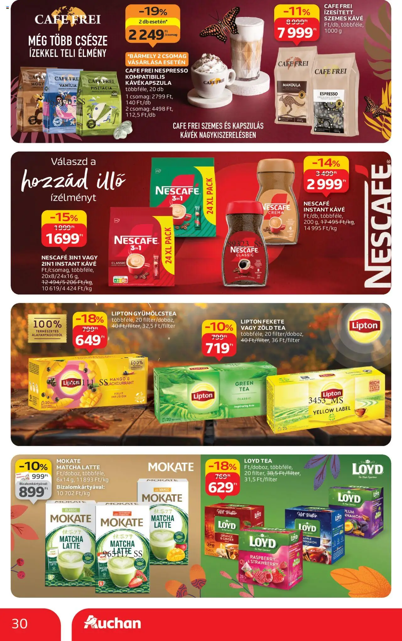 Auchan akciós ujság - amely érvényes a következő dátumtól: 09.10.2025 | Oldal: 30 | Termékek: Nescafé, Kávékapszula, Pisztácia, Instant kávé