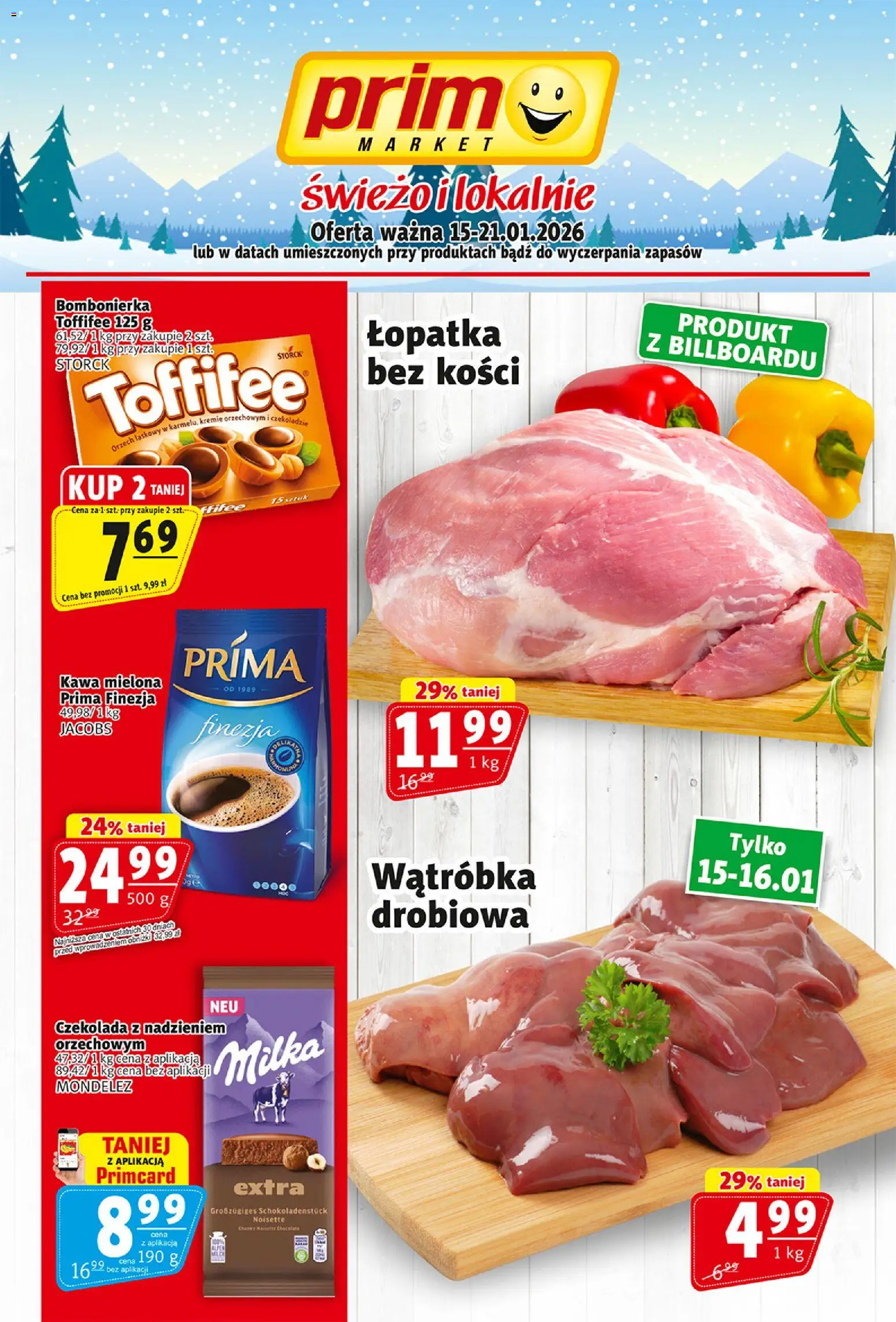 Prim Market Gazetka od 15.01.2026 | Strona: 1 | Produkty: Kawa mielona Prima, Wątróbka, Kawa, Czekolada