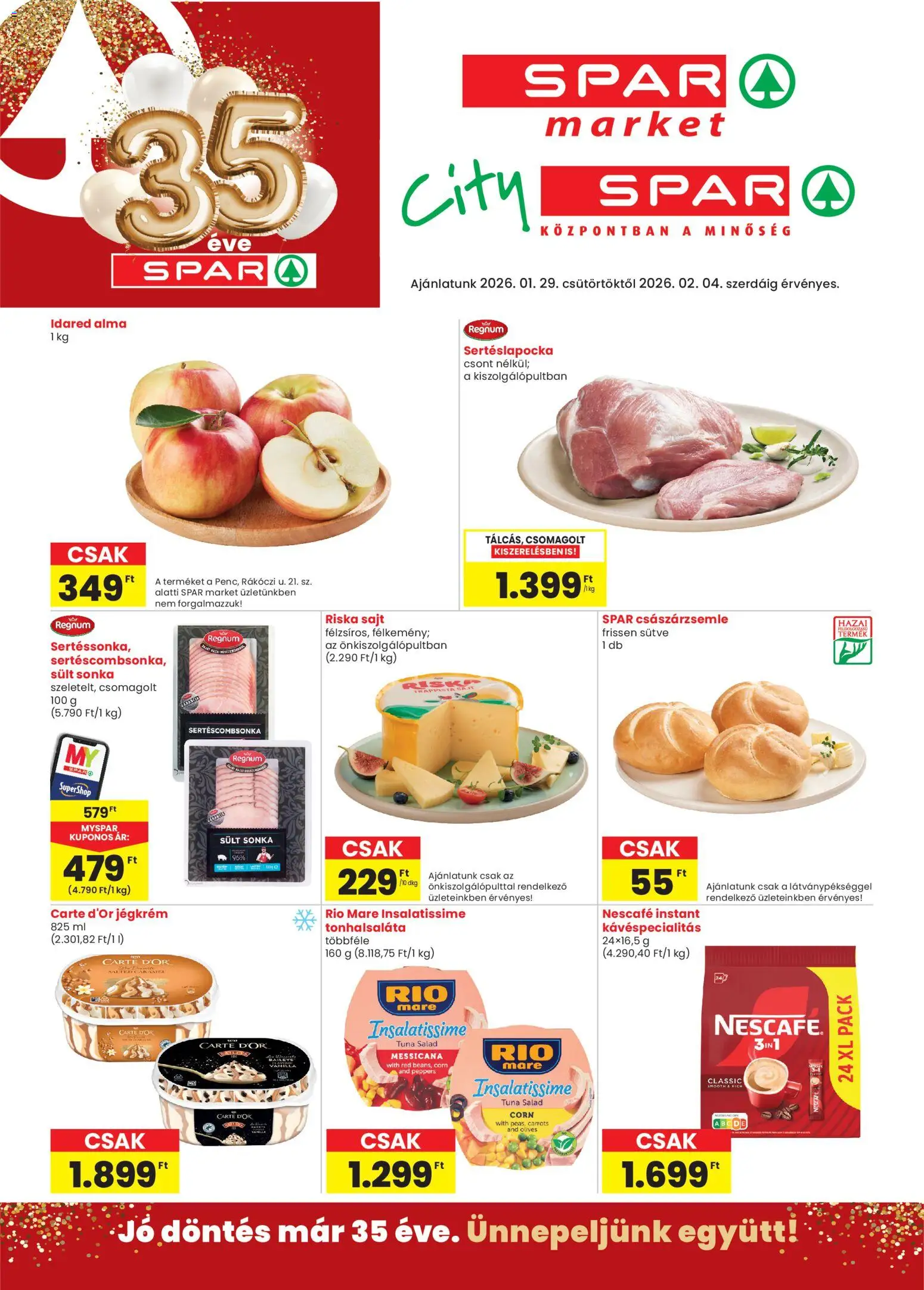 Spar Market akciós ujság - amely érvényes a következő dátumtól: 29.01.2026 | Oldal: 1 | Termékek: Tonhalsaláta, Császárzsemle, Riska sajt, Alma