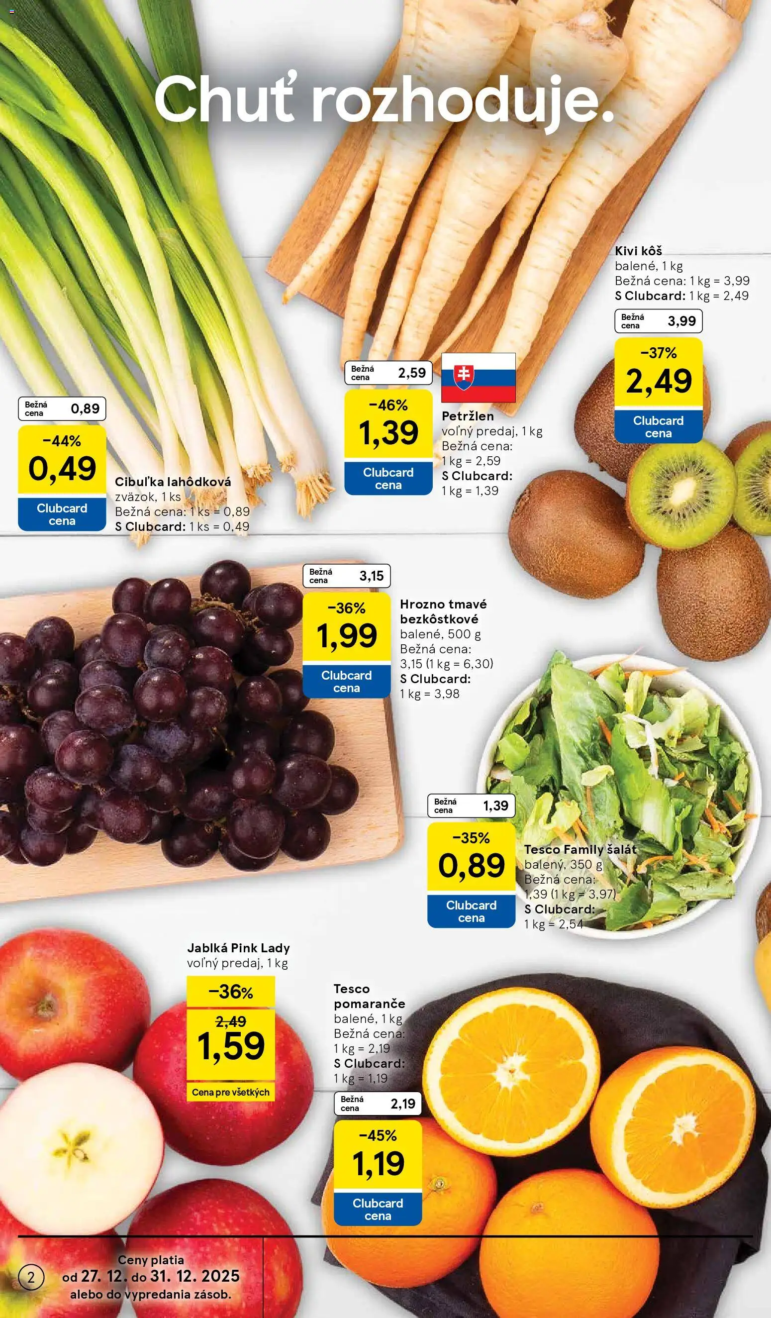 Nové Tesco akcie – leták je platný od 27.12.2025 | Strana: 2 | Produkty: Jablká, Pomaranče, Petržlen, Hrozno
