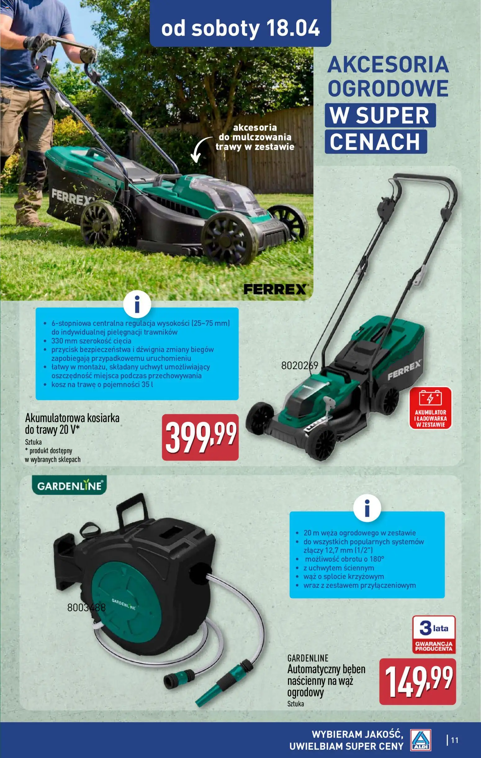 Aldi gazetka - Artykuły przemysłowe i tekstylia od 15.04.2026 | Strona: 11 | Produkty: Trawy, Ładowarka, Kosiarka, Kosz