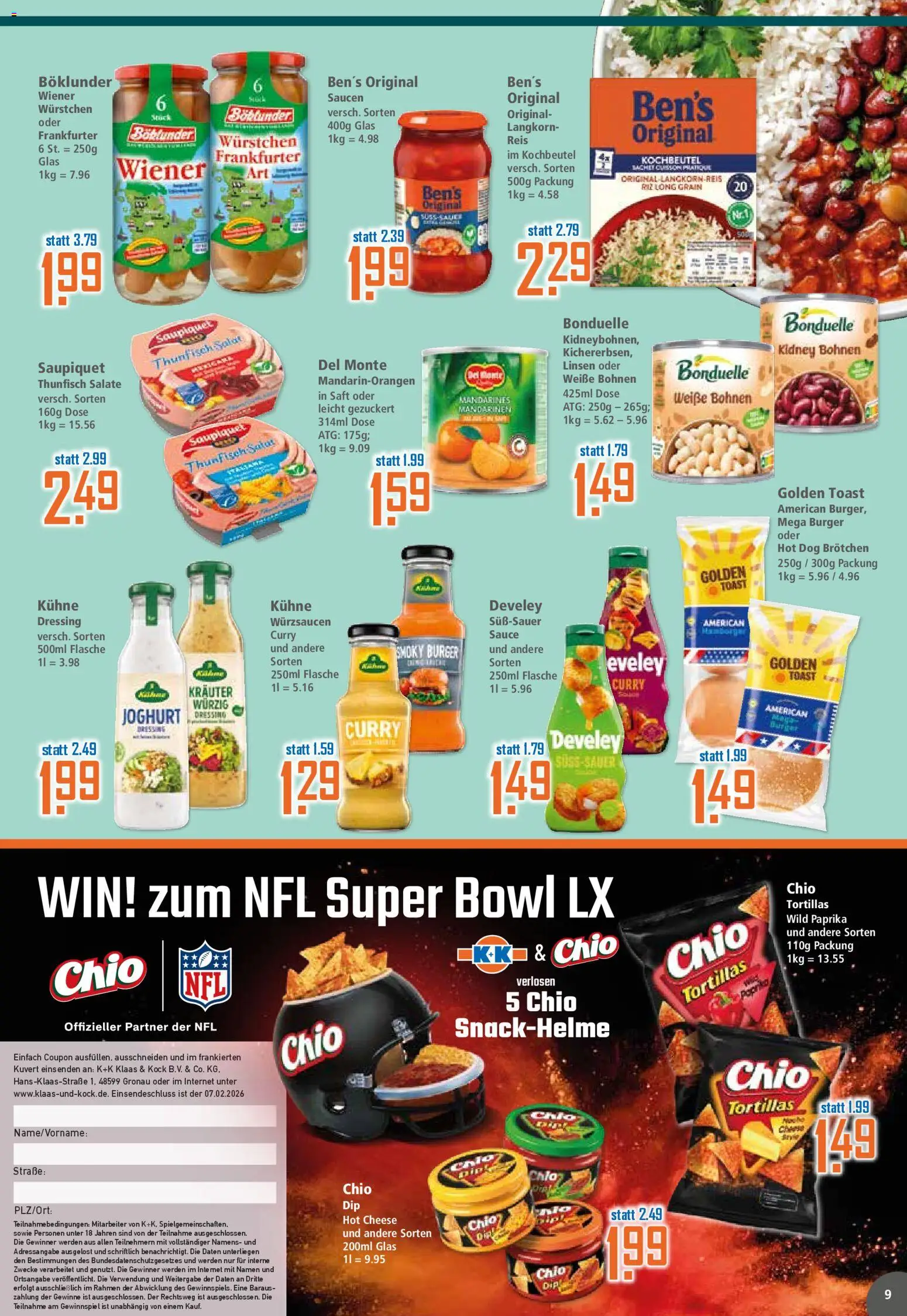 Klaas & Kock Prospekt 	 – gültig ab 26.01.2026 | Seite: 9 | Produkte: Burger, Mandarinen, Paprika, Chio tortillas