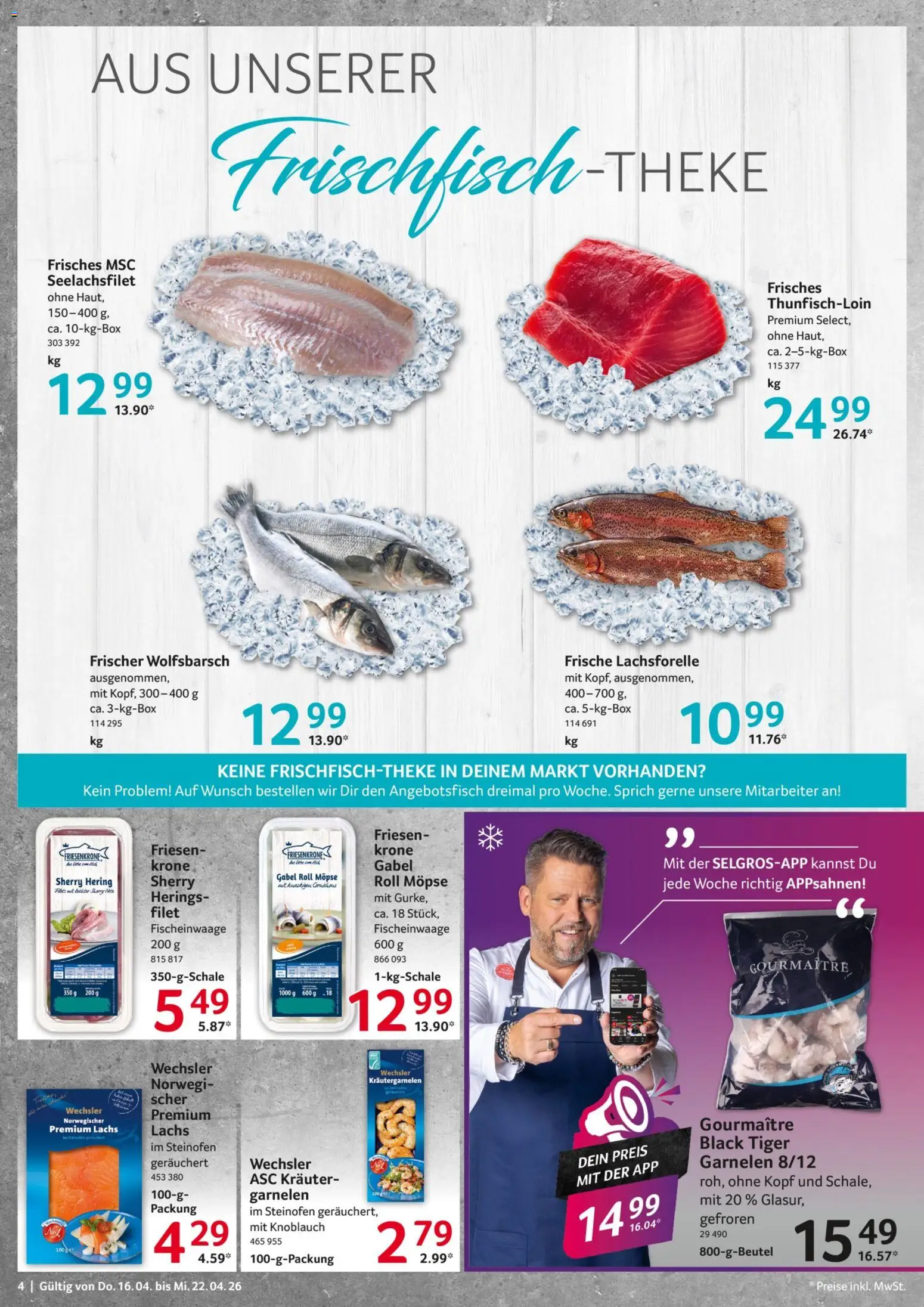 Selgros Prospekt 	 – gültig ab 16.04.2026 | Seite: 4 | Produkte: Garnelen, Lachs, Knoblauch