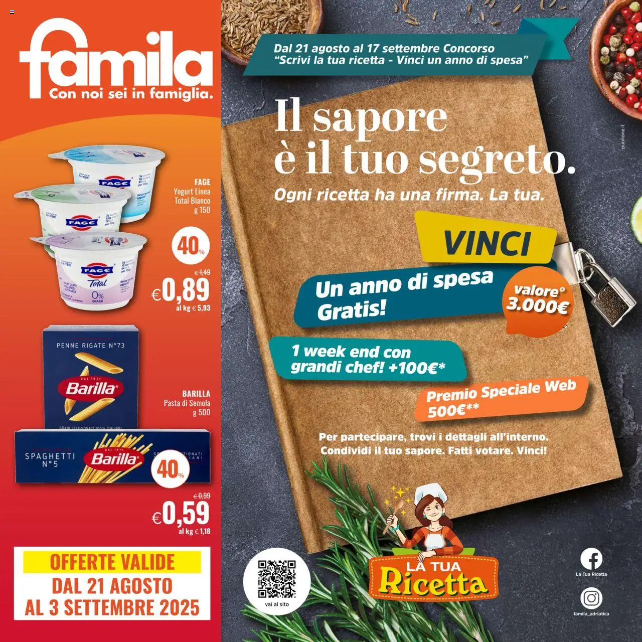 Volantino Famila del 21.08.2025 | Pagina: 1 | Prodotti: Yogurt, Pasta, Penne
